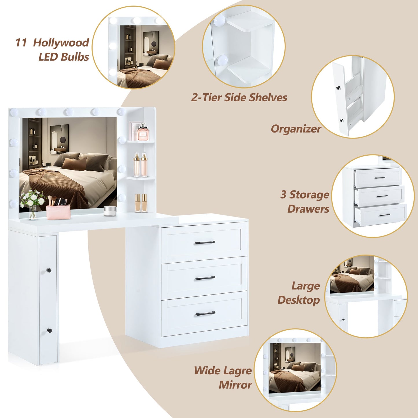 55.2" Vanity Desk With Freely Adjustable Side Cabinet, Makeup Vanity With Hollywood Lights, 5 Storage Drawers & 2-Shelve