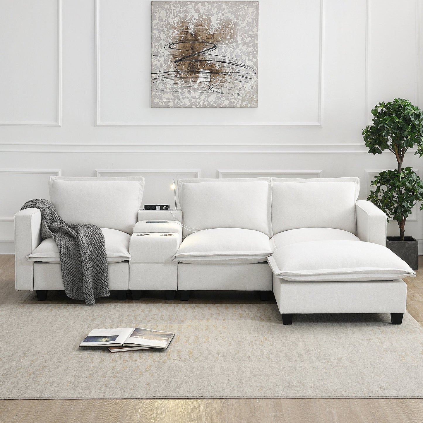 109*57"Modern Sectional Cloud Sofa With Console,USB Charging Port,Reading Light,Cup Holder,4 Seat Chenille Modular Couch