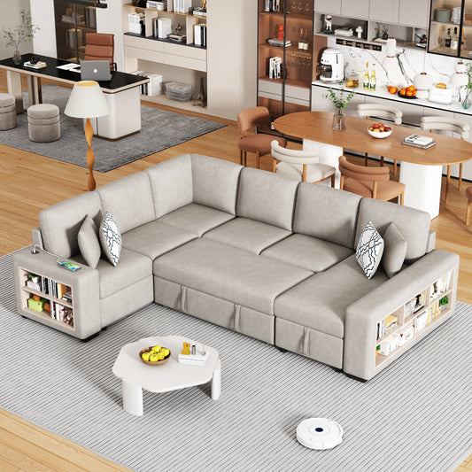 109" U-Shaped Sectional Sofa Pull-Out Sofa Bed With Two USB Ports, a Storage Chaise Lounge and Four Back Pillows