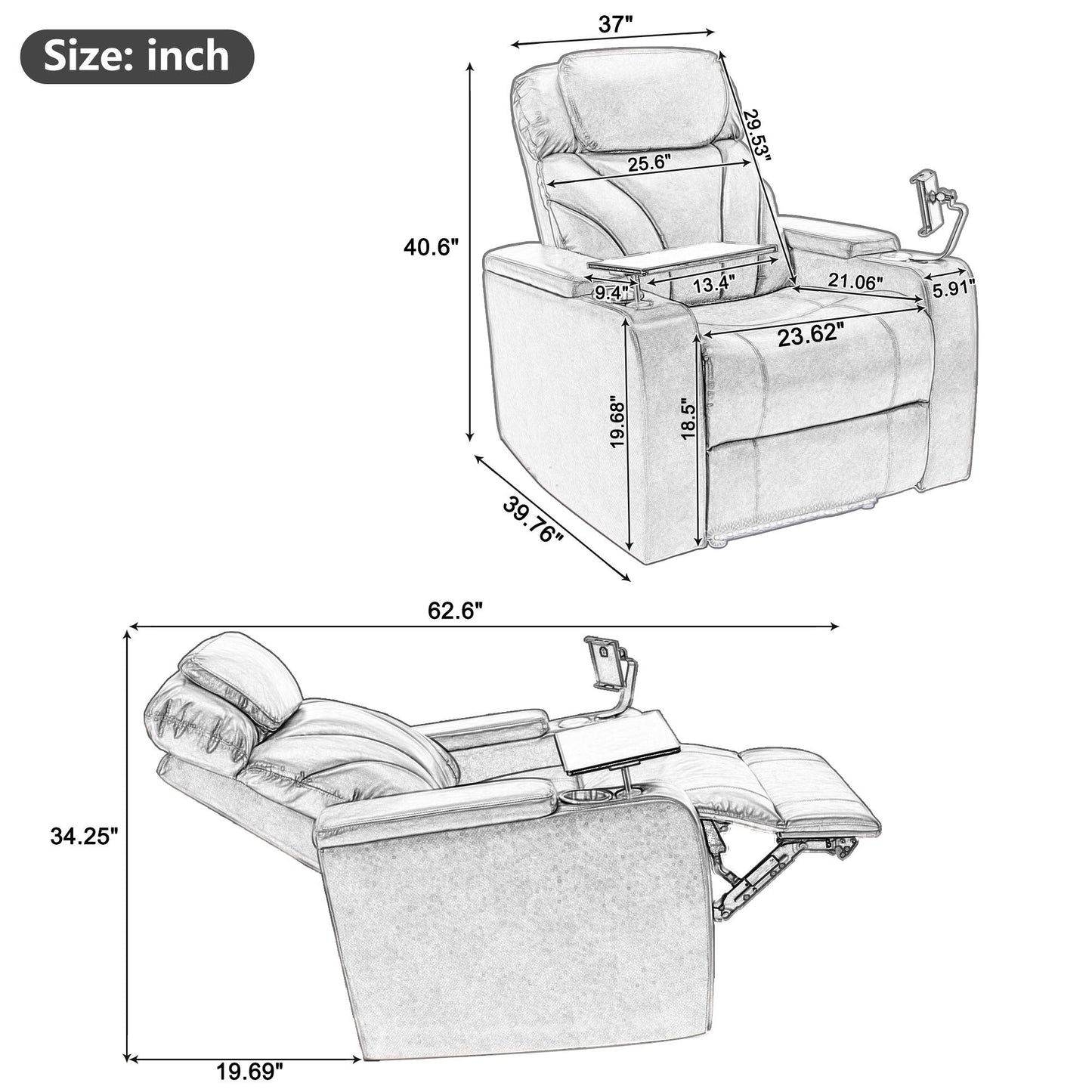 Power Motion Recliner With USB Charging Port and Hidden Arm Storage, Home Theater Seating With 2 Convenient Cup Holders