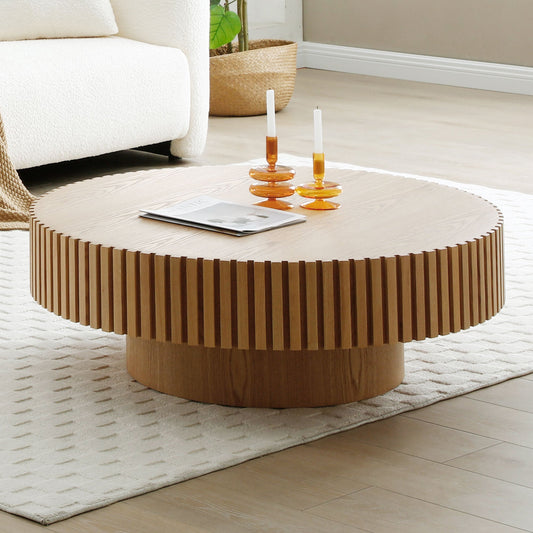 31.49'' Round Wood Coffee Table for Living Room, Modern Handcraft Drum Coffee Table, Circle Wooden Coffee Table
