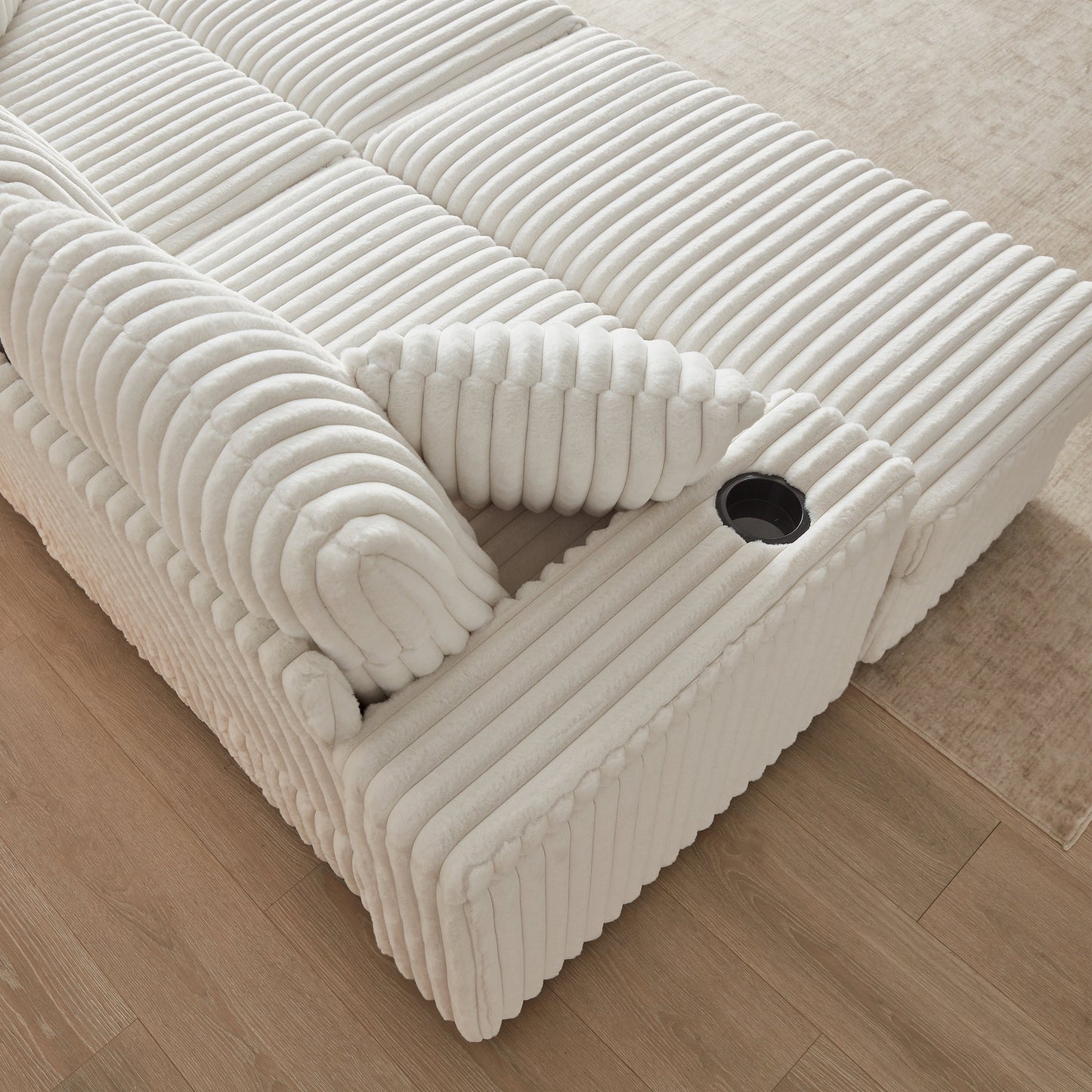 84Inch Corduroy 3-Seater Sofa With 3 Back Pillows ,2 Toss Pillows , a Ottoman ,2storage Spaces and Cup-Holding Grooves