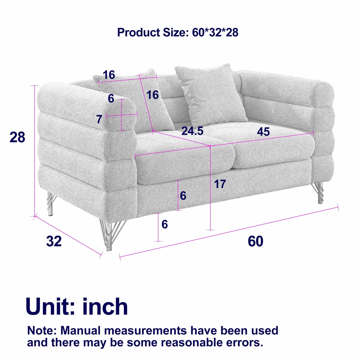 60Inch Oversized 2 Seater Sectional Sofa, Living Room Comfort Fabric Sectional Sofa-Deep Seating Sectional Sofa