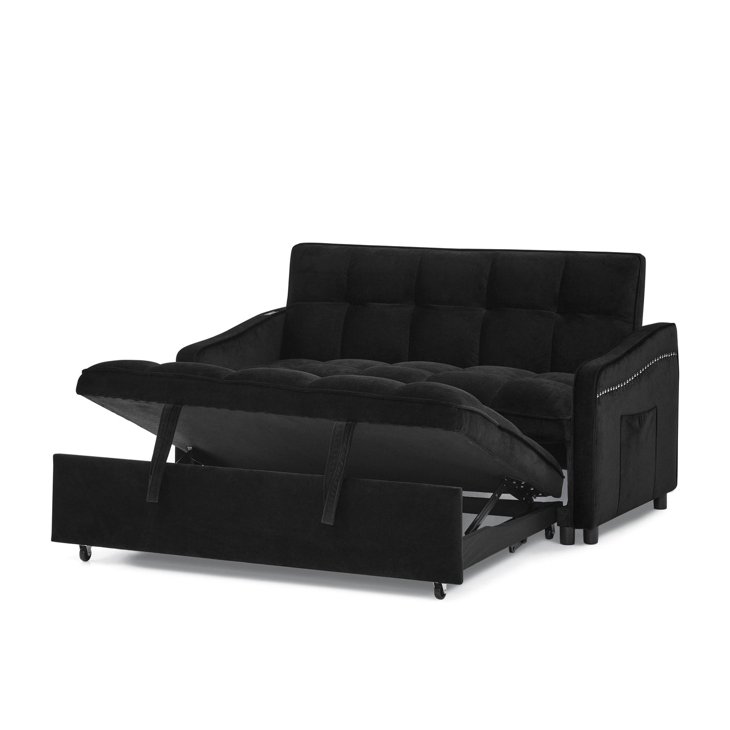 Loveseats Sofa Bed With Pull-Out Bed,Adjsutable Back and Two Arm Pocket,TypeC and USB Charging With Copper Nail,Black