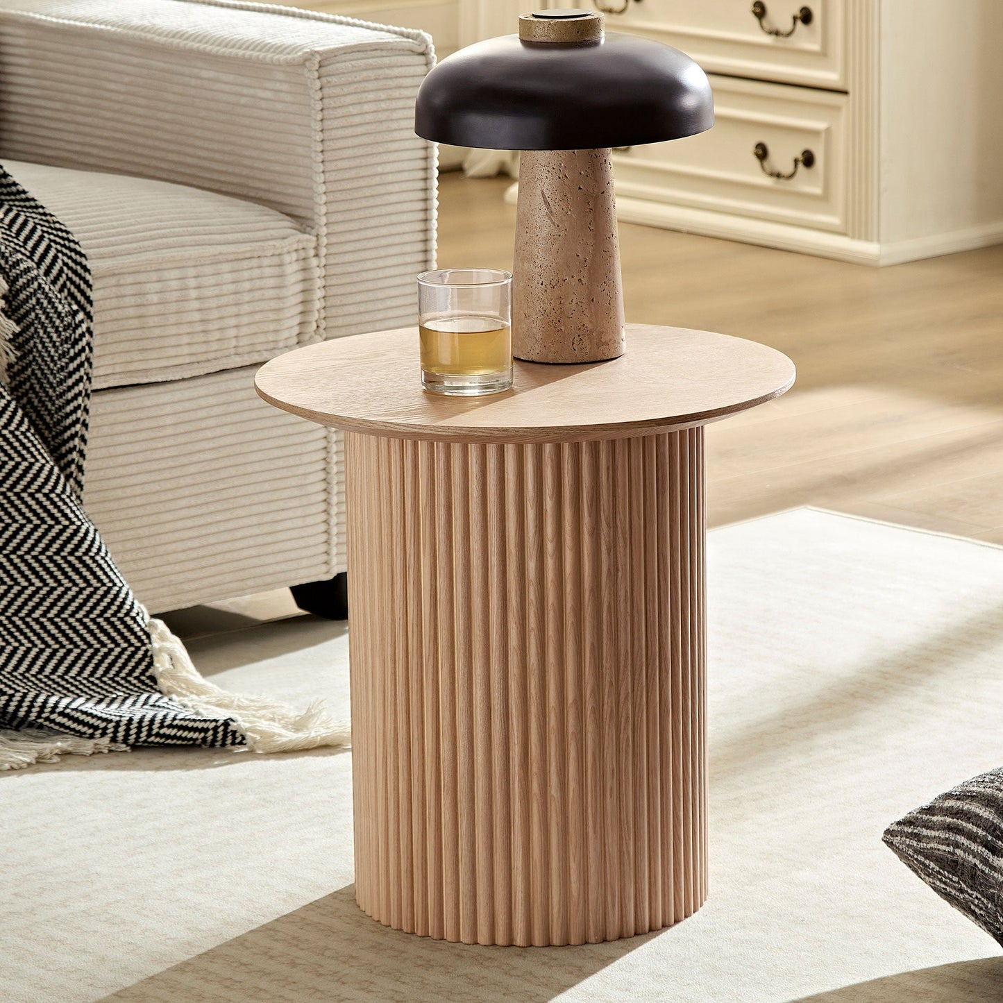 17.71 Inch Round Fluted Side Table Circle Small Accent Table for Living Room Mid Century  Circle Bedside Table for Bedroom