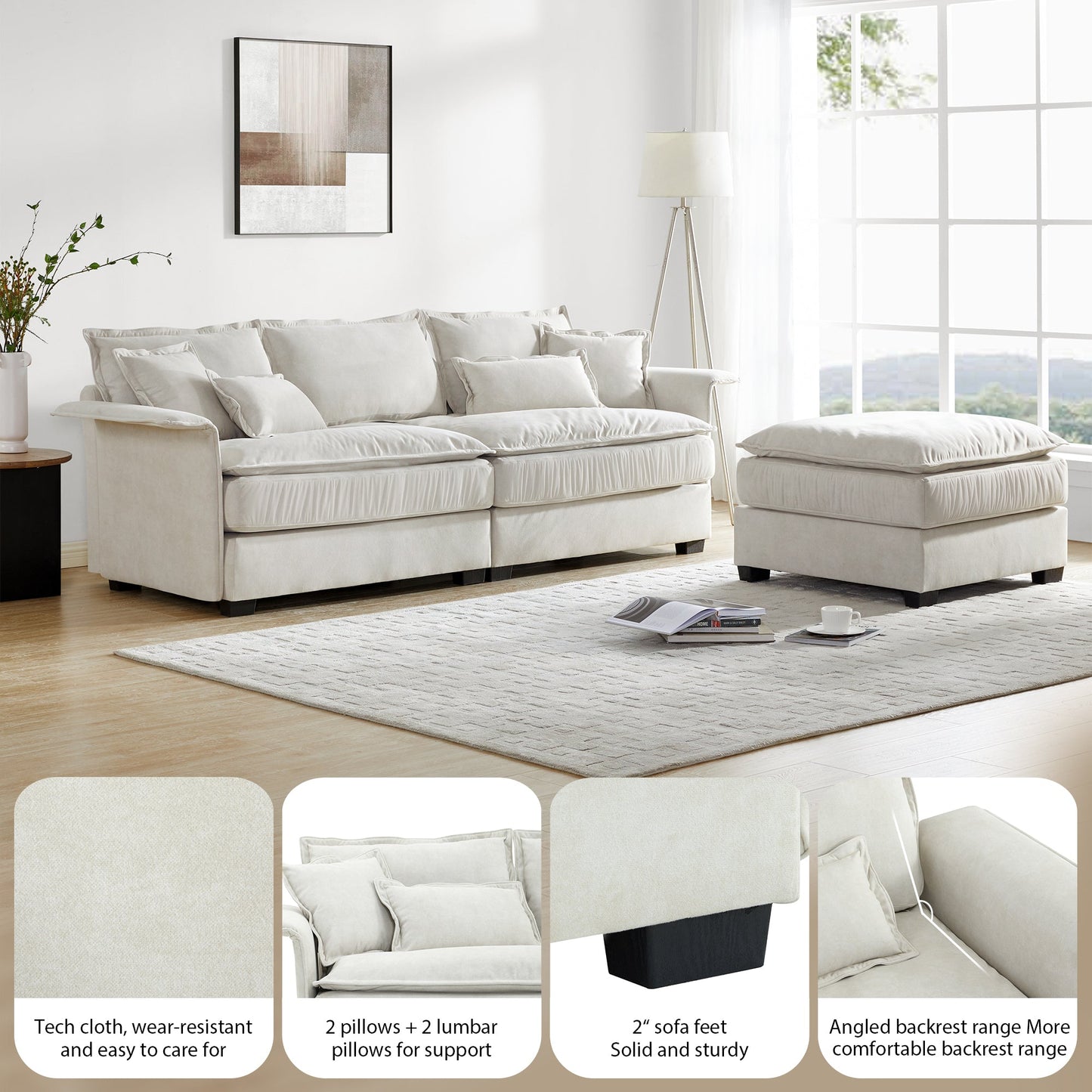 95*66"Oversized Luxury Sectional Sofa With Bentwood Armrests,4 Seat Upholstered Indoor Furniture With Double Cushions