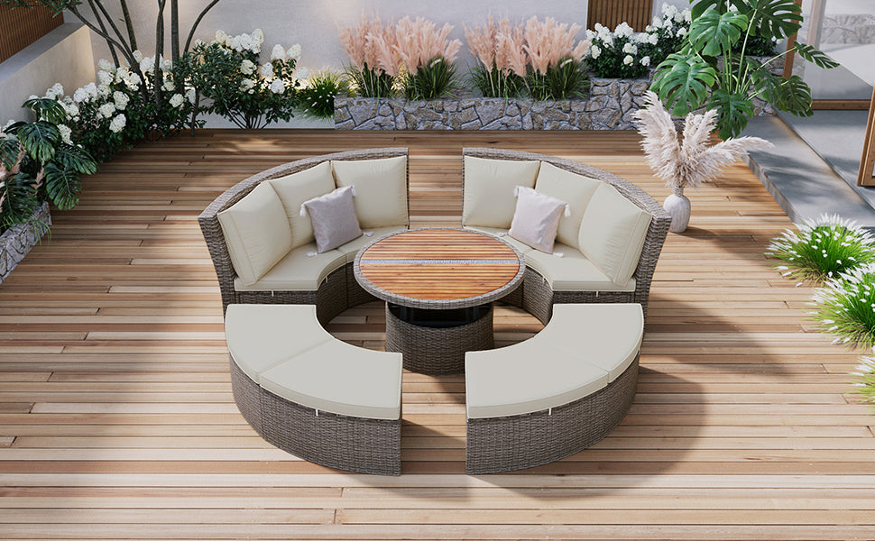 Patio 5-Piece Round Rattan Sectional Sofa Set All-Weather PE Wicker Sunbed Daybed With Round Liftable Table and Washable