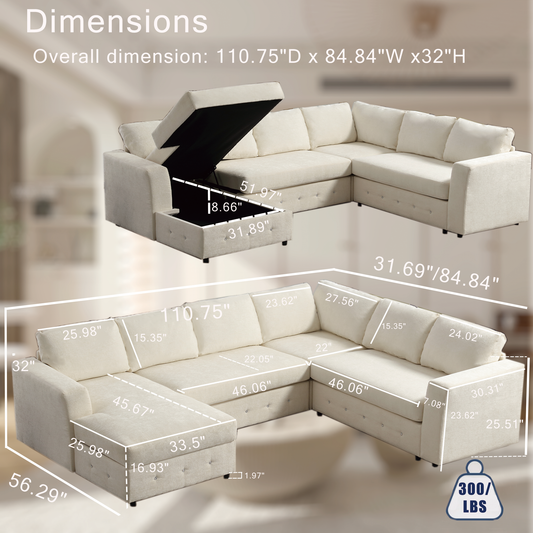 110.75" Sectional Sofa,Oversized Modular Sofa,Chaise Storage, Modern U Shaped  Couch , Upholstered Sofas,Chenille