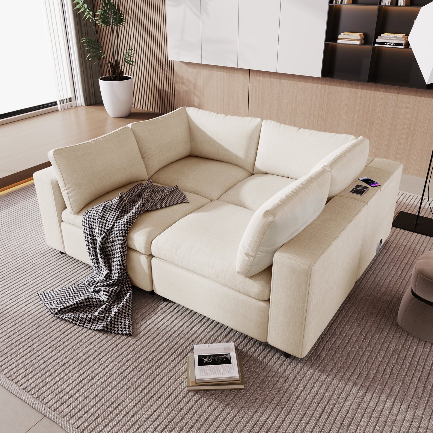 Upholstered Modular Sofa With  With Storage Space, USB Charge Ports,Wireless Charging and Built-In Bluetooth Speaker