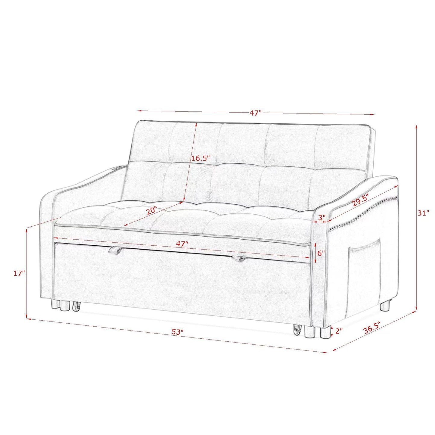 Loveseats Sofa Bed With Pull-Out Bed,Adjsutable Back and Two Arm Pocket,TypeC and USB Charging With Copper Nail,Black