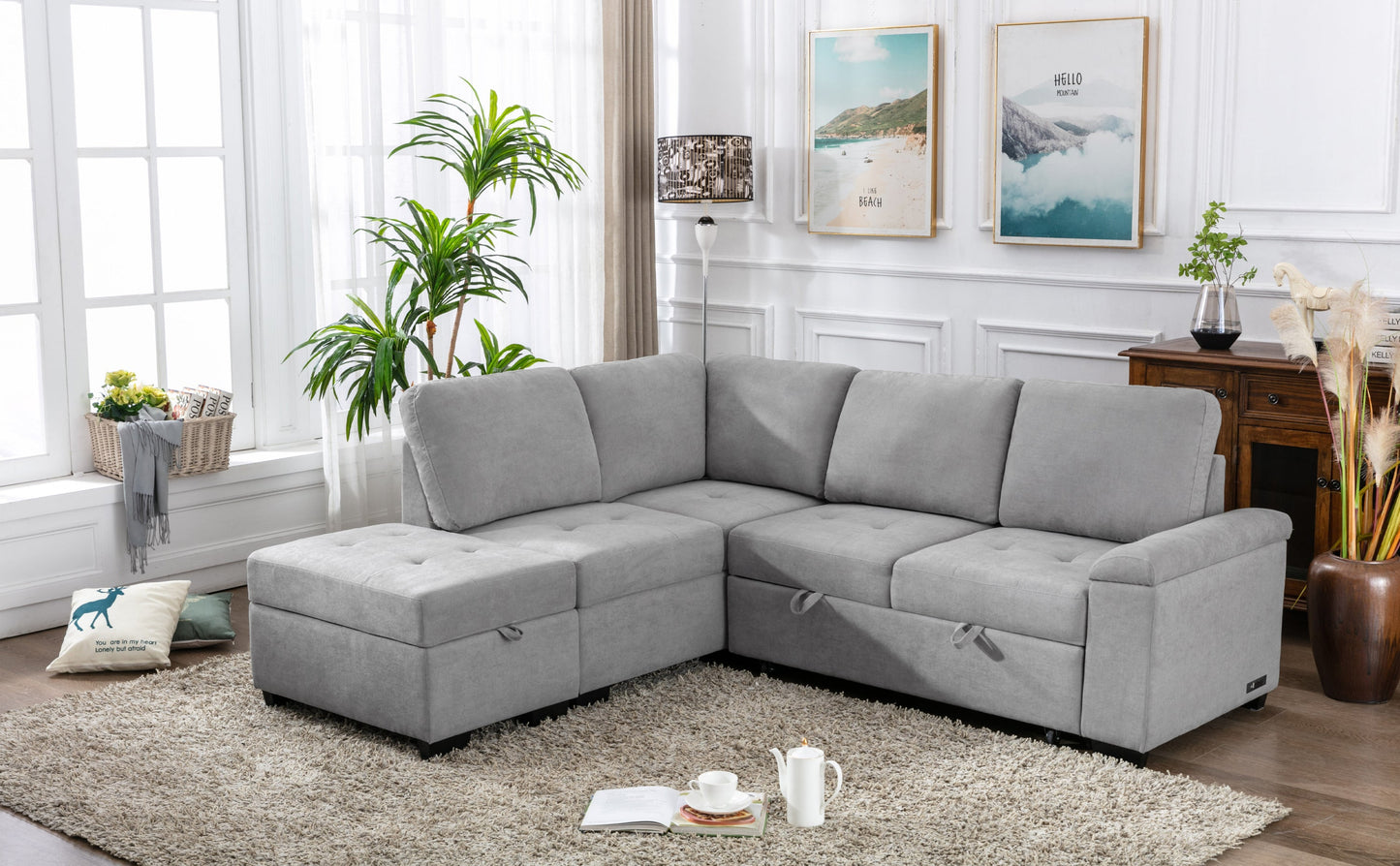 Sleeper Sectional Sofa, L-Shape Corner Couch Sofa-Bed With Storage Ottoman