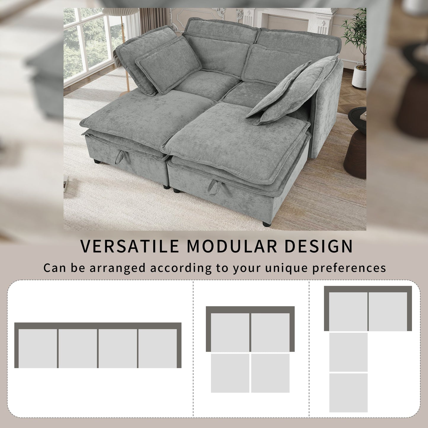 Double-Layer Cushion Modular Sofa, Freely Combinable, 4-Seater With Storage Function, Includes 4 Soft Cushions, Perfect