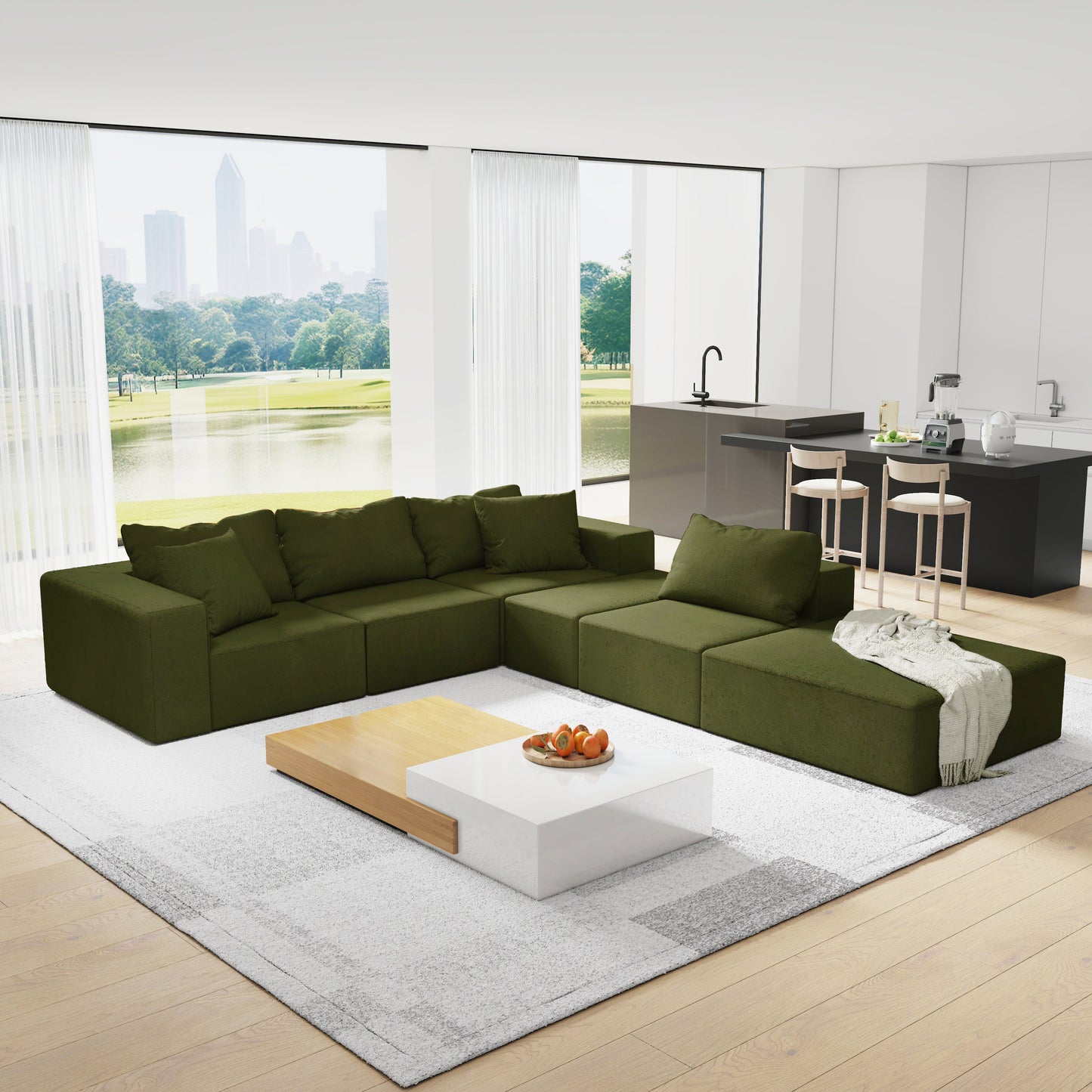 Modern Upholstered Sectional Sofa Couch Set,Modular 132" L Shaped Sectional Living Room Sofa Set With 6 Pillows