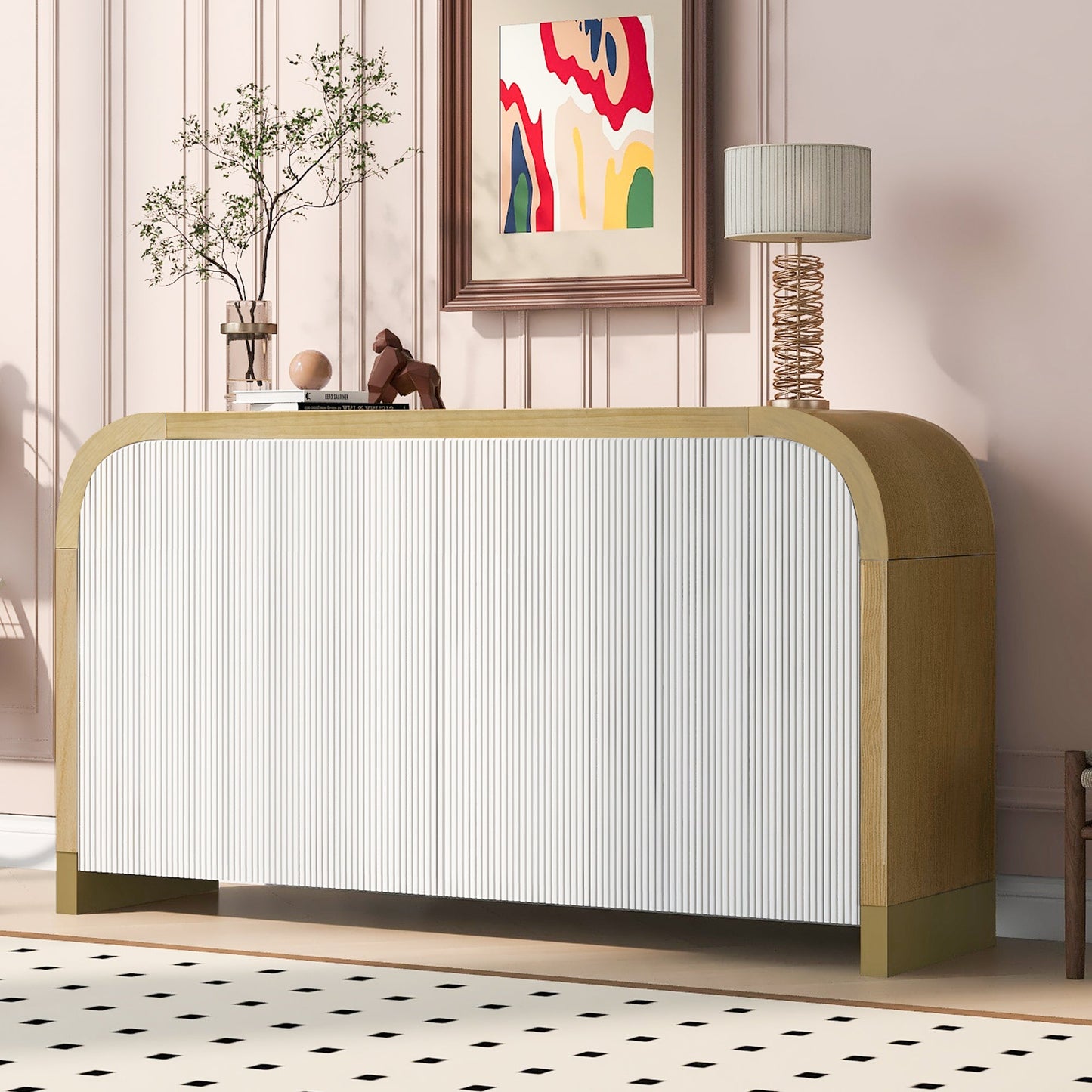 4-Door Curved Corner Design Wavy Door Panel  Cabinet With Adjustable Shelves, Suitable for Study, Living Room