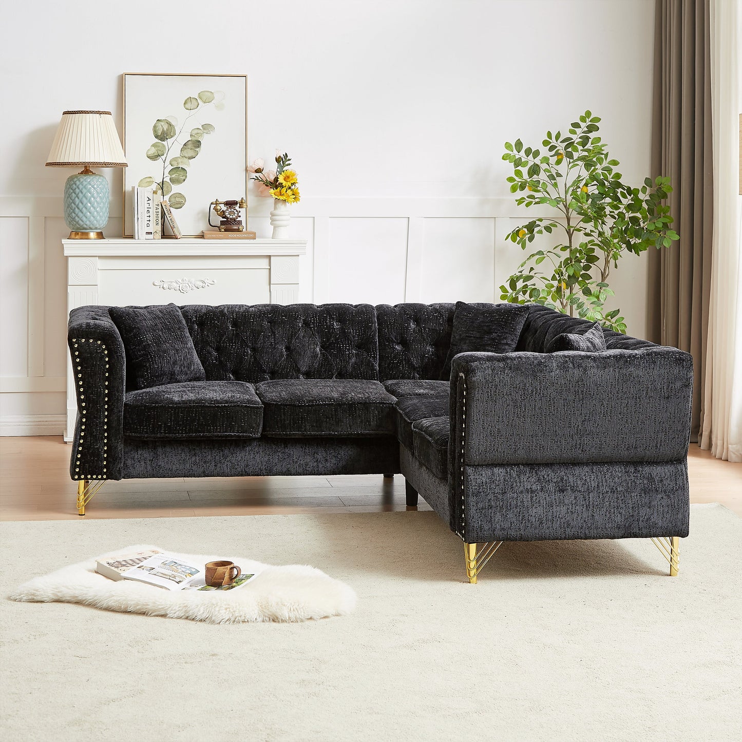 81.5-Inch Chenille Corner Sofa , L-Shaped Sectional Couch, 5-Seater Corner Sofas With 3 Cushions for Living Room, Bedroom