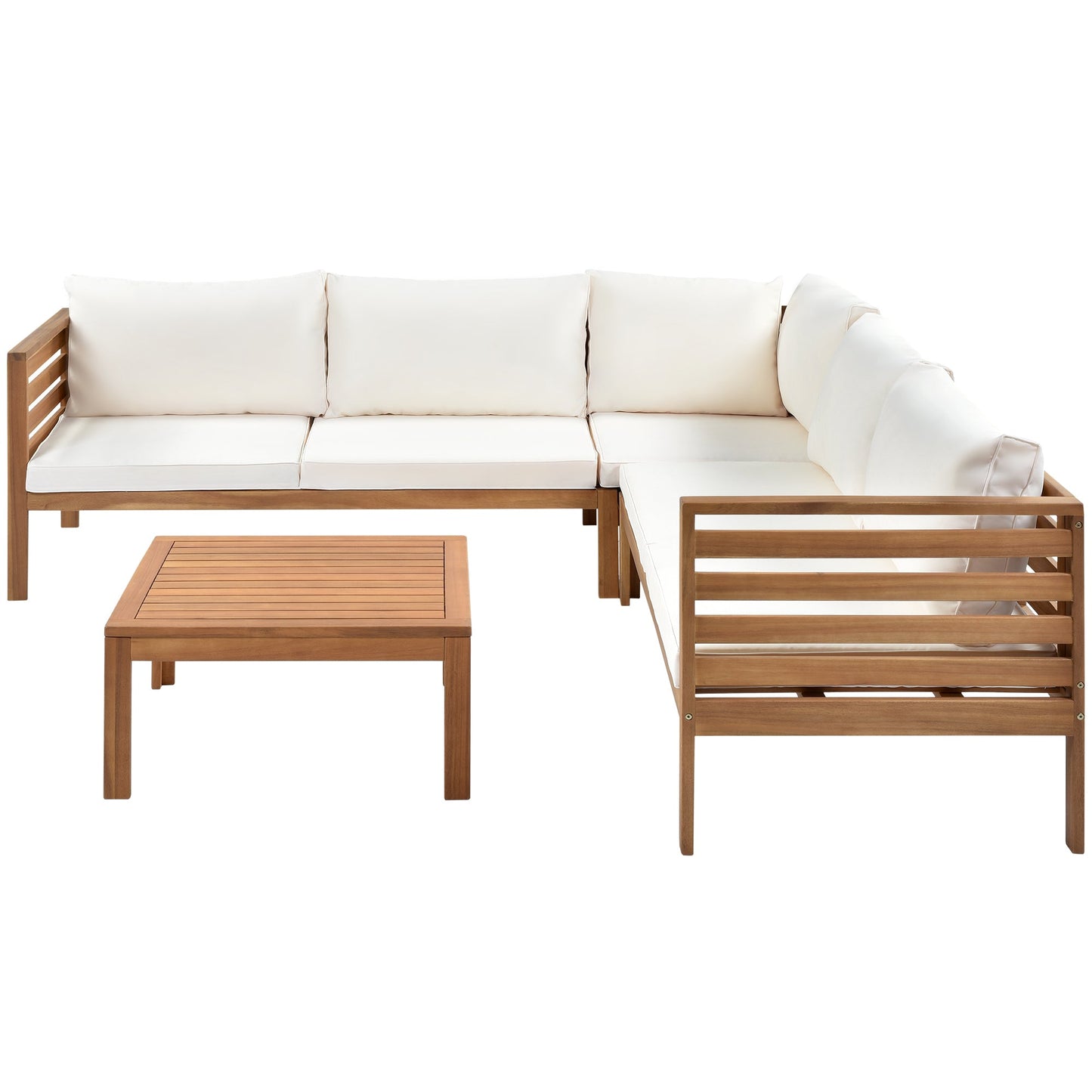 Wood Structure Outdoor Sofa Set With Beige Cushions Exotic Design Water-Resistant and UV Protected Texture High Quality