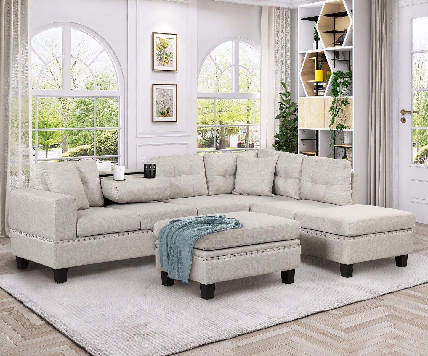 104.5" Modern Sectional Sofa With Storage Ottoman, L-Shape Couch With 2 Pillows and Cup Holder,Sectional Sofa