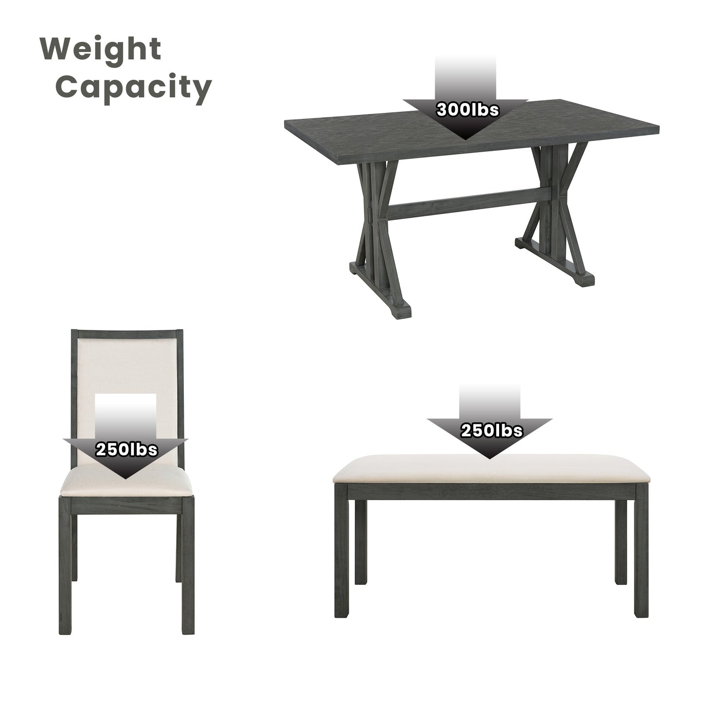 Farmhouse Classical 6-Piece Dining Table Set With Trestle Legs,Kitchen Table Set for 6 With 4 Upholstered Dining Chairs