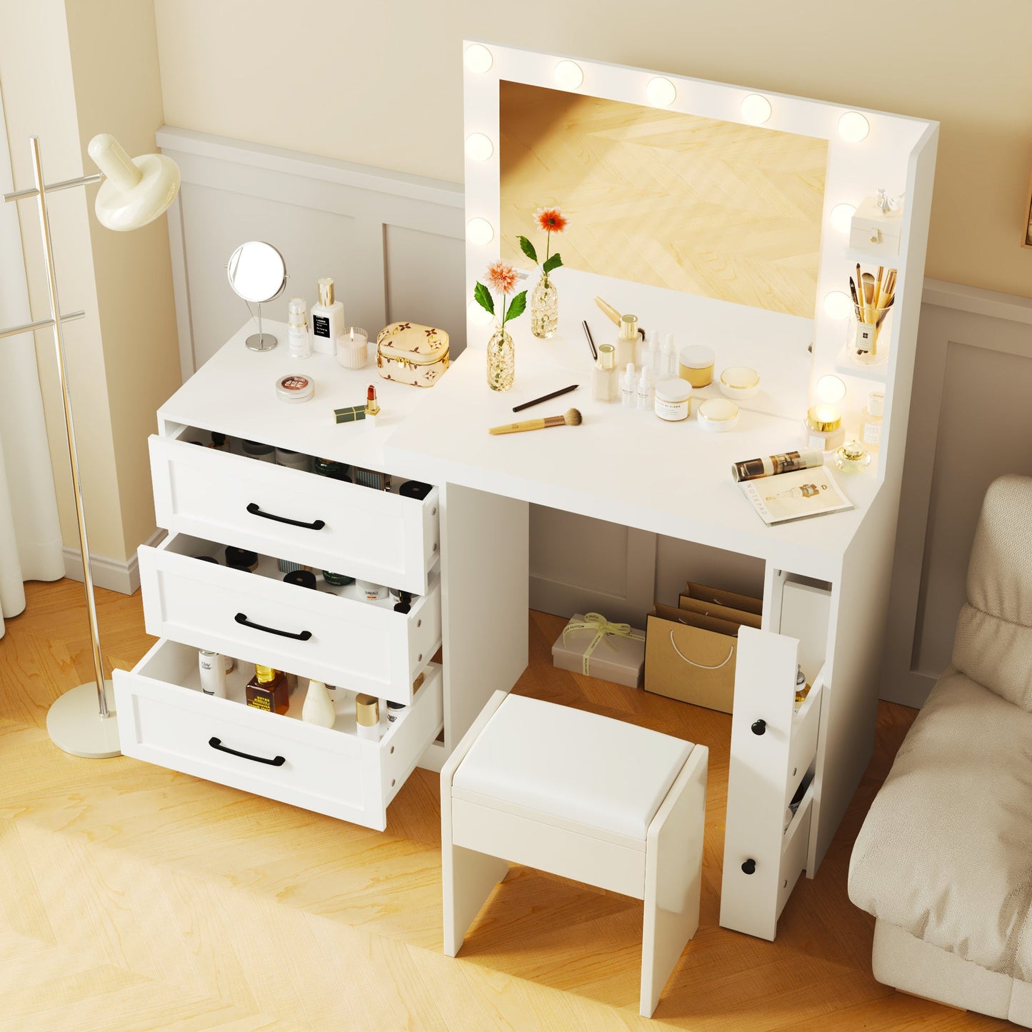 55.2" Vanity Desk With Freely Adjustable Side Cabinet, Makeup Vanity With Hollywood Lights, 5 Storage Drawers & 2-Shelve