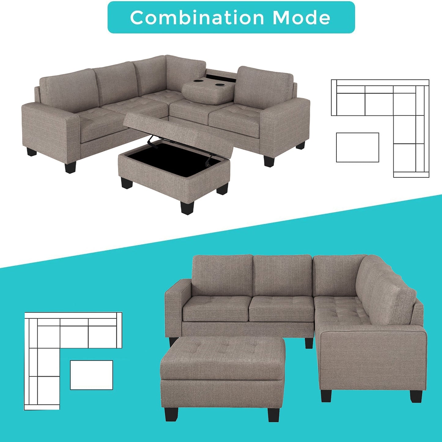 Sectional Corner Sofa L-Shape Couch Space Saving With Storage Ottoman