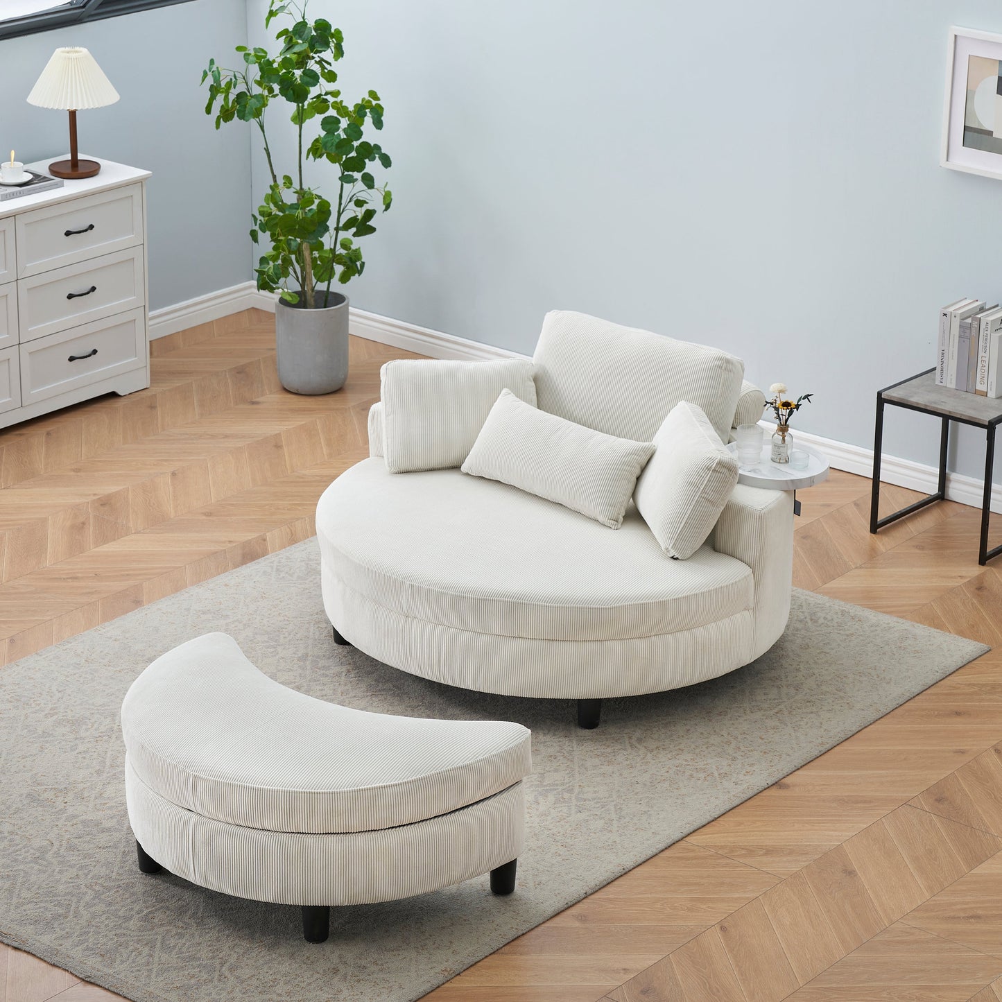 51-Inch Beige Corduroy Sofa With Two Throw Pillows and a Waist Pillow With an Extra Tray for Comfortable Seating