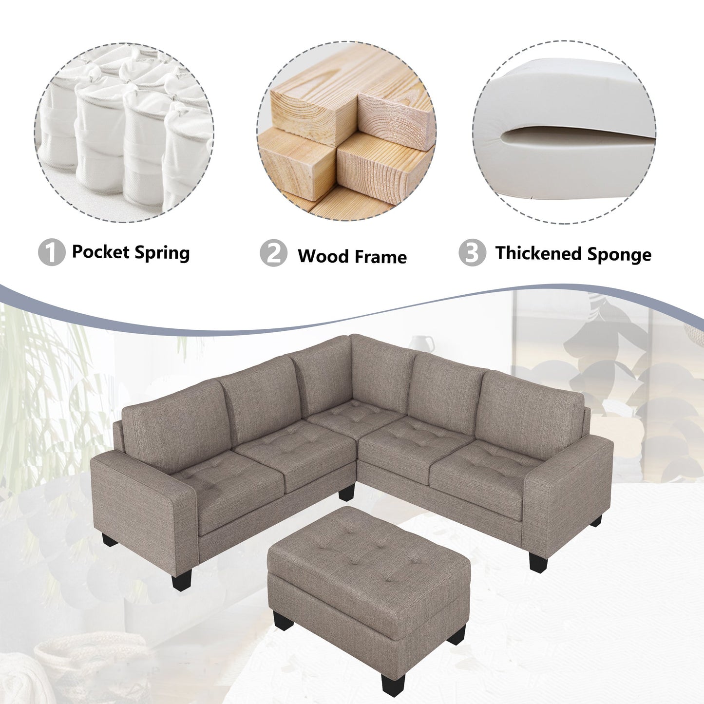 Sectional Corner Sofa L-Shape Couch Space Saving With Storage Ottoman