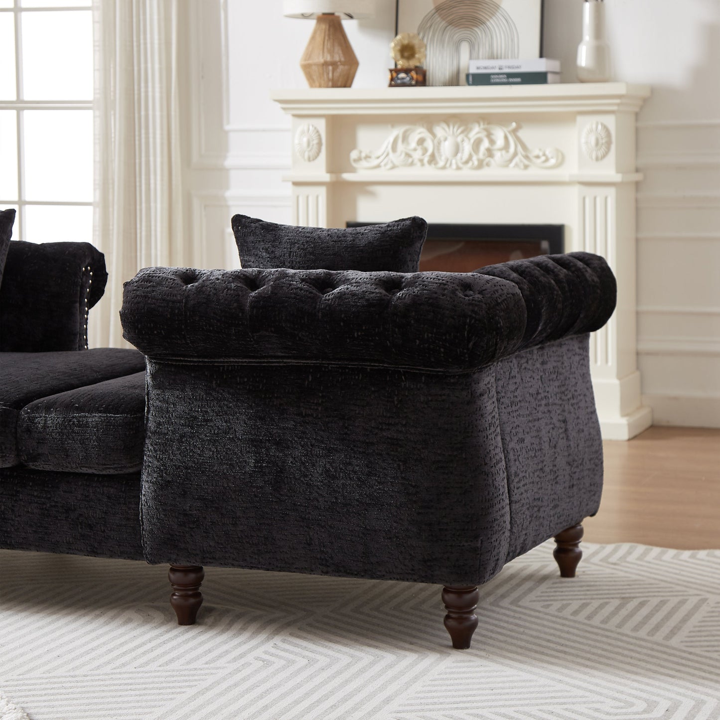 81-Inch Chenille Face-To-Face Chaise Lounge With Two Pillows,Nailhead Trim,Button Tufted Design