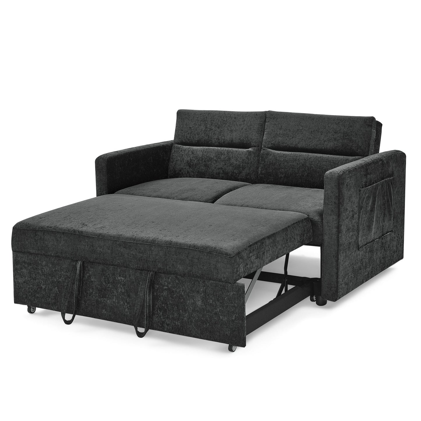 Loveseats Sofa Bed With Pull-Out Bed,Adjsutable Back and Two Arm Pocket,Black (54.5"x33"x31.5")