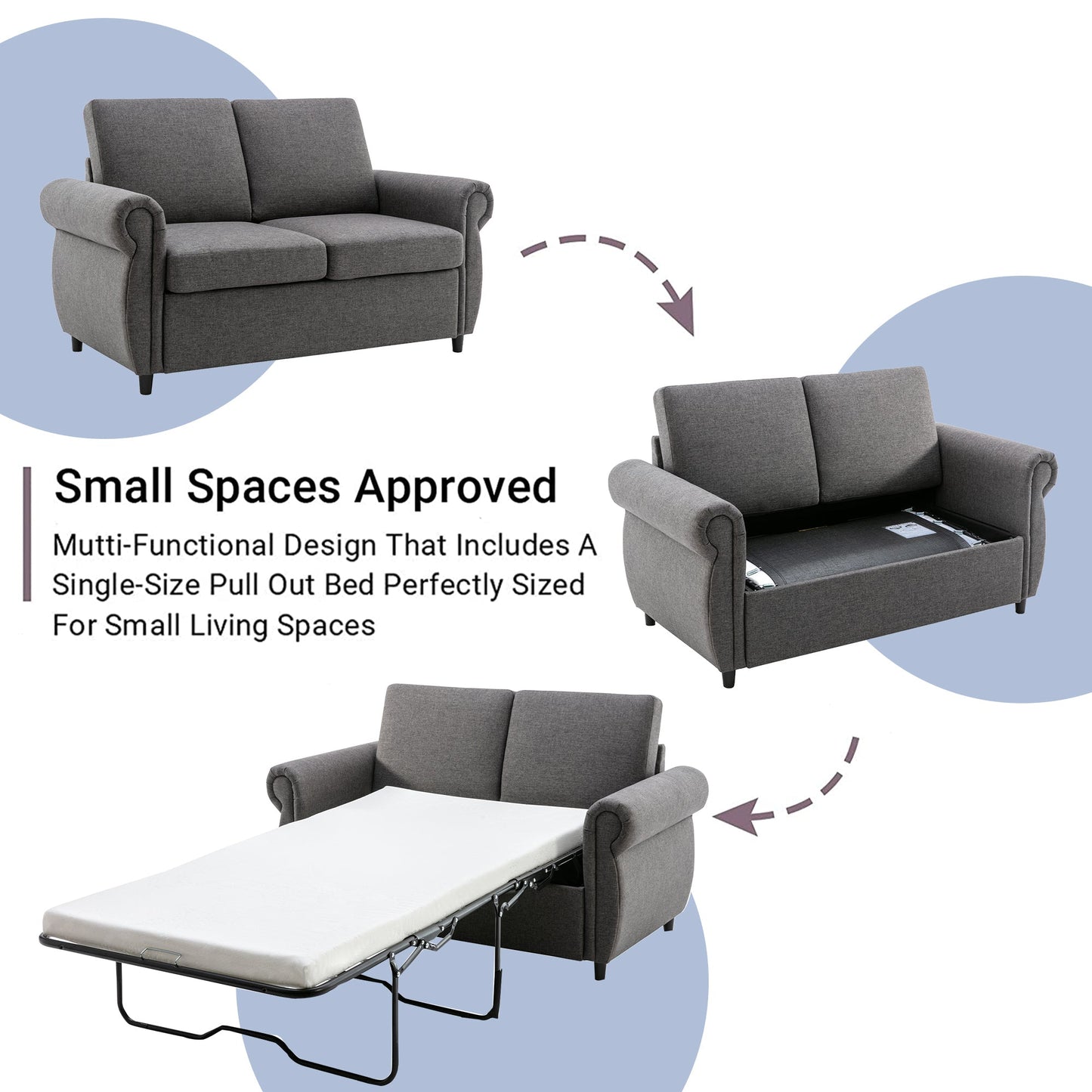 57.9" Pull Out Sofa Bed  Loveseat Sleeper With Twin Size Memory Mattress With Two USB Ports for Living Room Spaces
