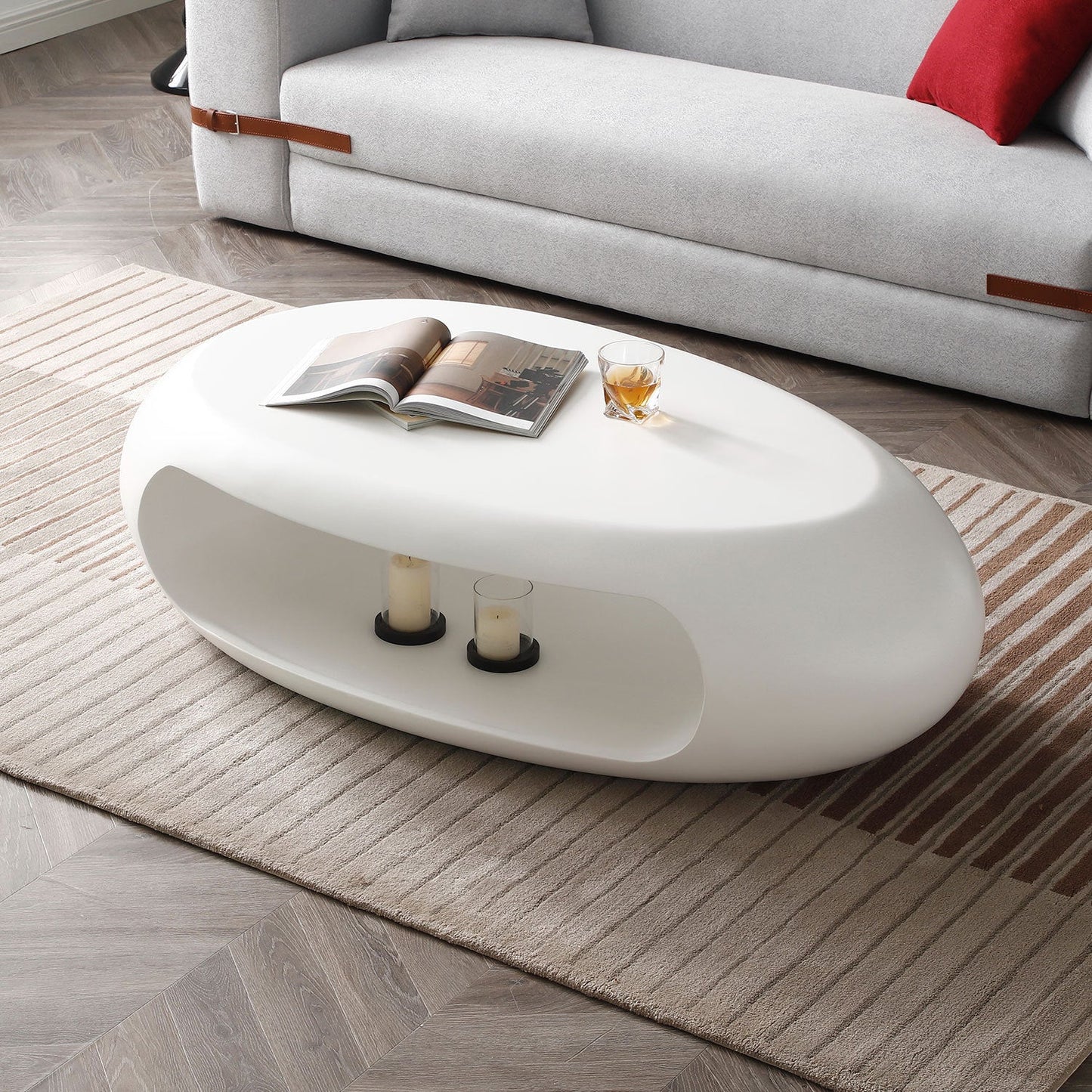 53.93" Oval Coffee Table, Sturdy Fiberglass Table for Living Room, White, No Need Assembly