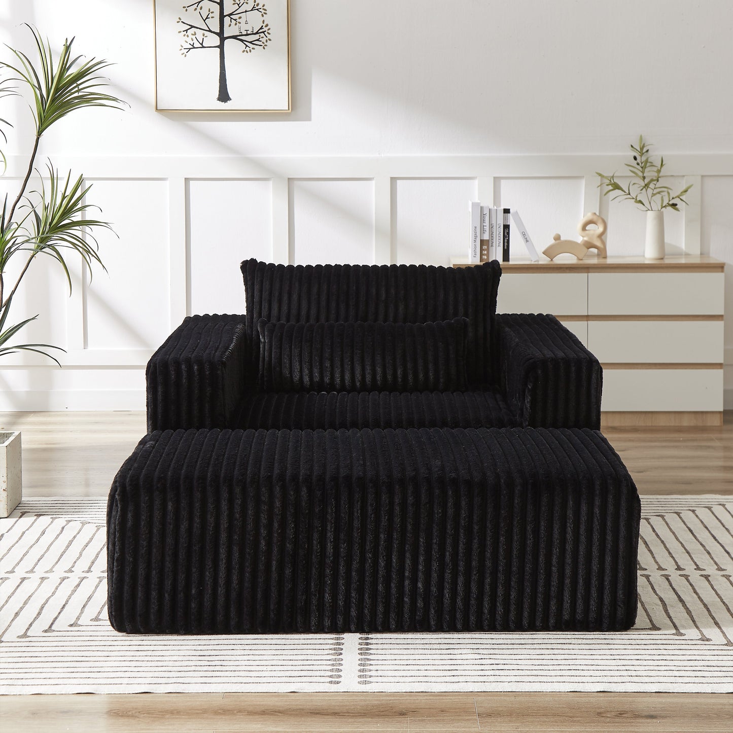 75-Inch Corduroy Sponge Sofa Lounge Chair With Removable Footrest,No Assembly Required,Fluffy Modern Sleeper Chair