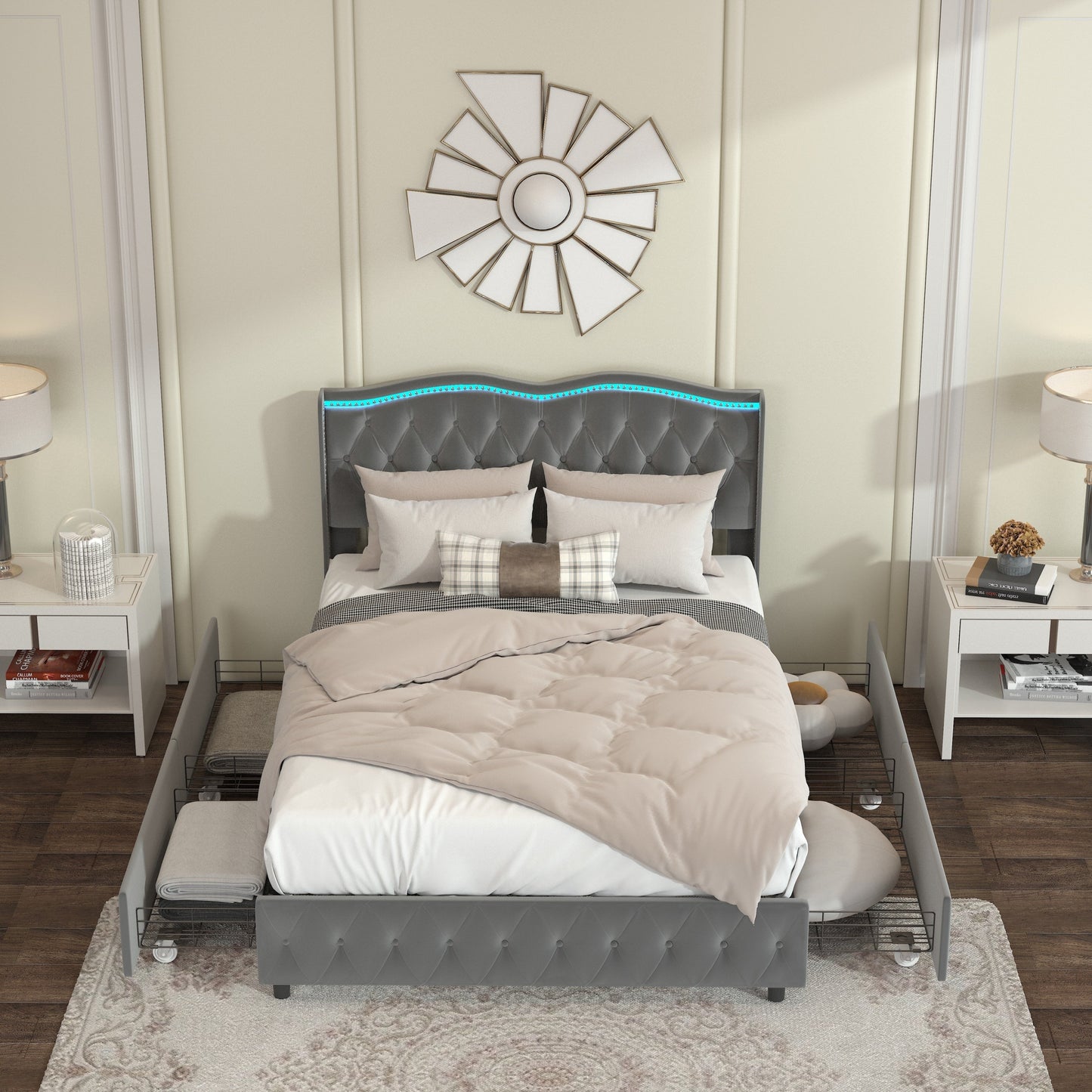 Queen Platform Bed Frame , Velvet Upholstered Bed With Deep Tufted Buttons and Nailhead Trim, Adjustable Colorful LED