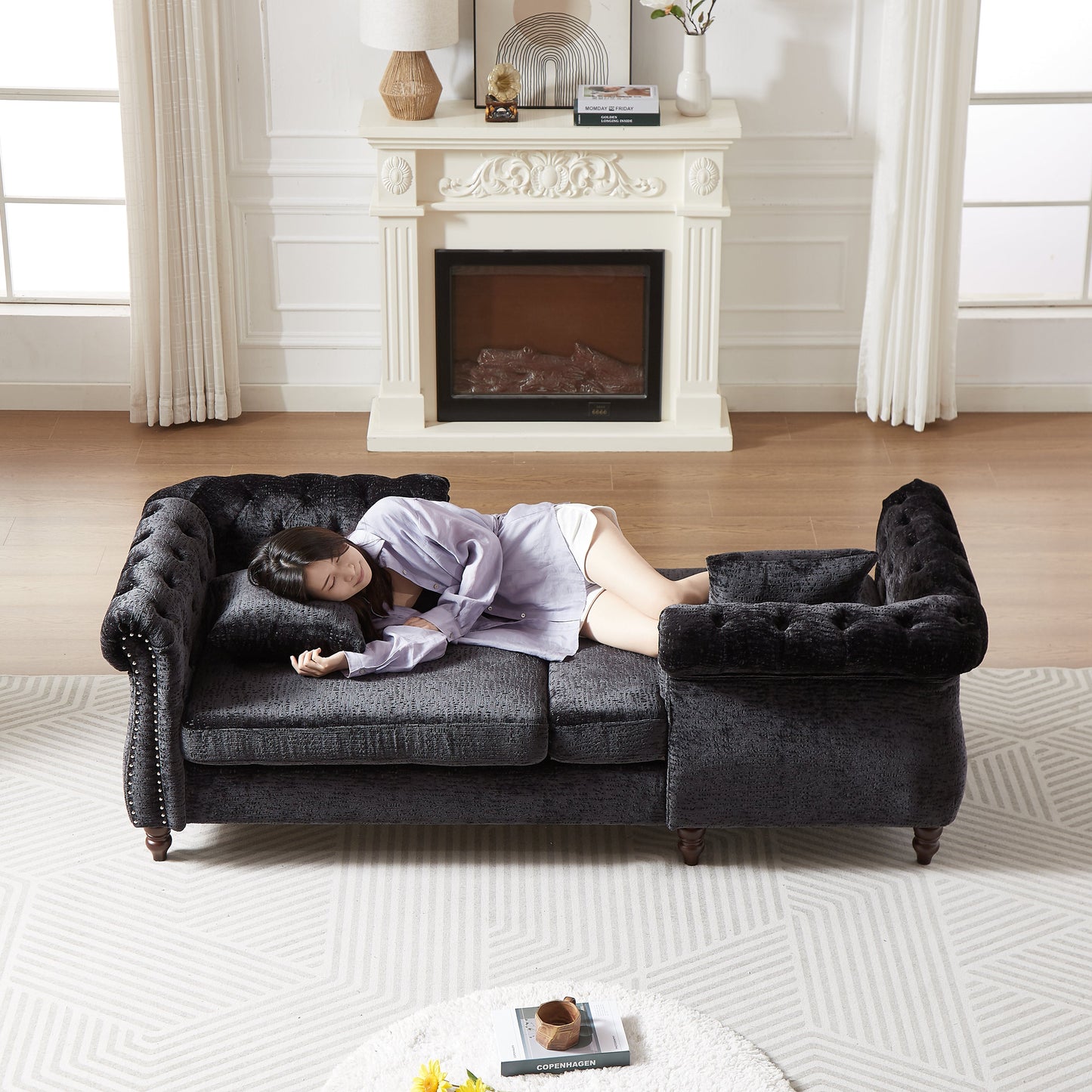 81-Inch Chenille Face-To-Face Chaise Lounge With Two Pillows,Nailhead Trim,Button Tufted Design