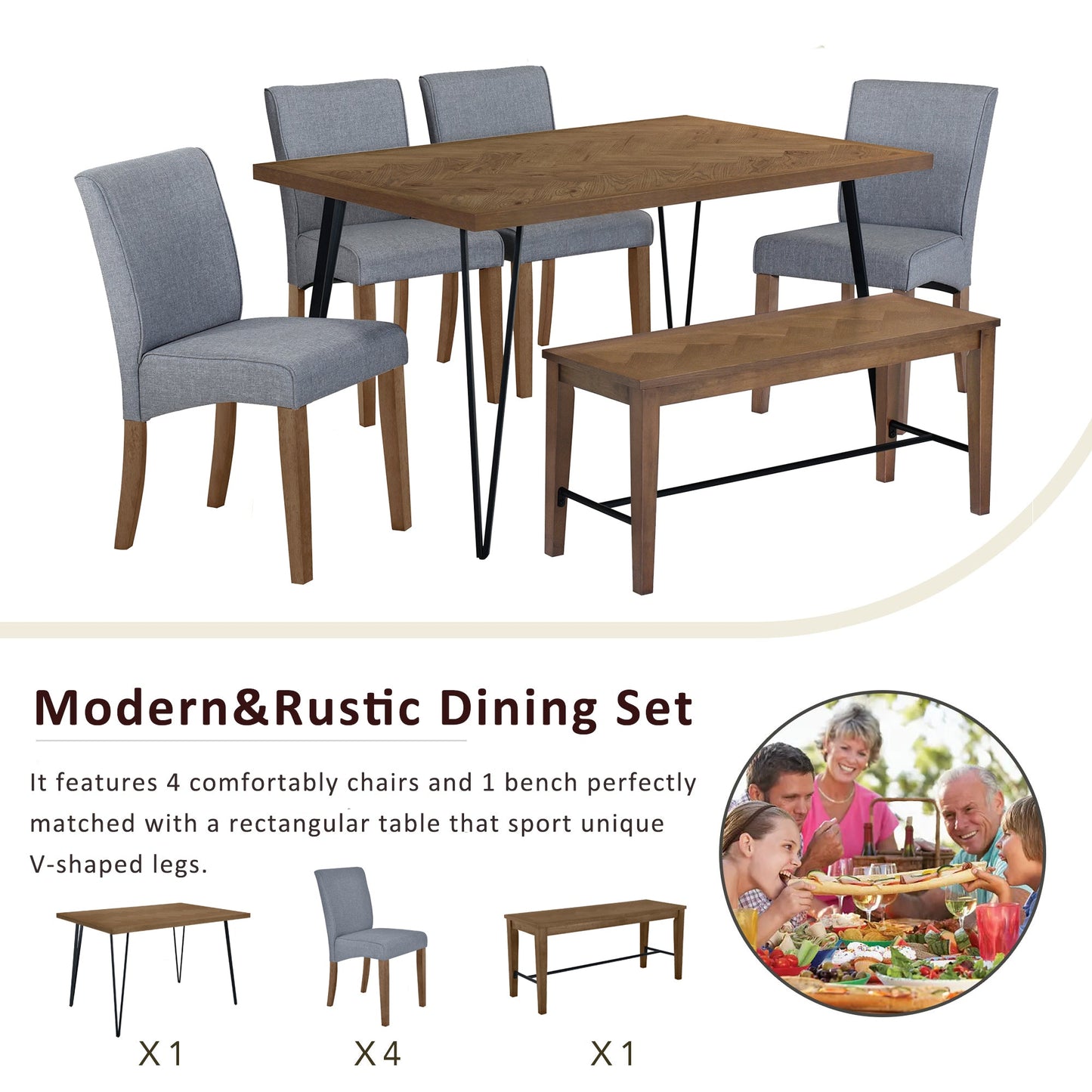 Modern 6-Piece Dining Table Set With V-Shape Metal Legs, Wood Kitchen Table Set With 4 Upholstered Chairs and Bench