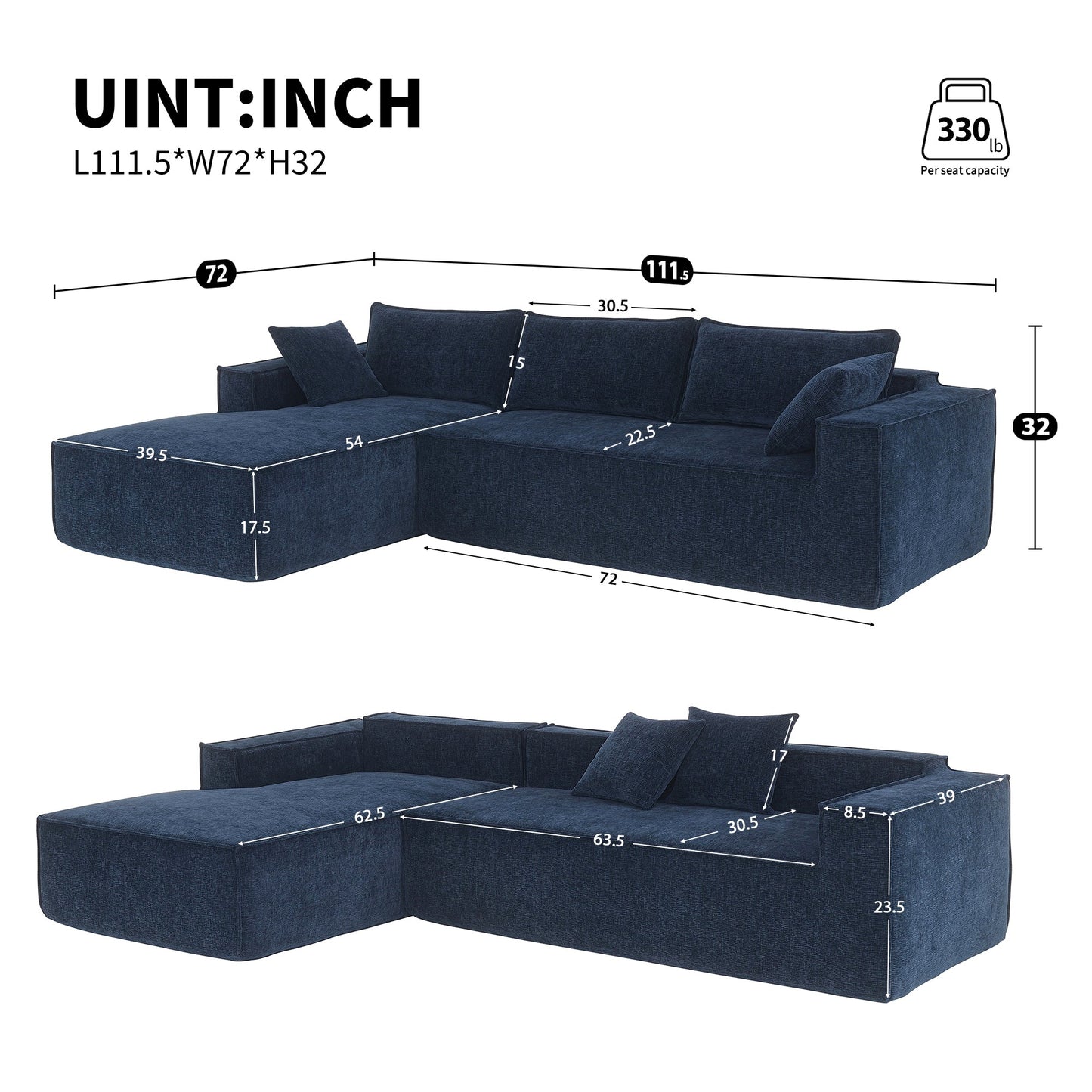 111.5*72"Minimalist Style Modular Sectional Sofa,Wrinkle-Resistant Chenille Couch Set,L-Shaped Sleeper Sofa Bed