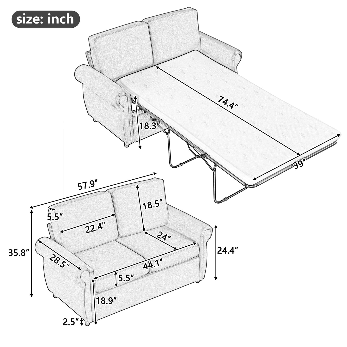 57.9" Pull Out Sofa Bed  Loveseat Sleeper With Twin Size Memory Mattress With Two USB Ports for Living Room Spaces