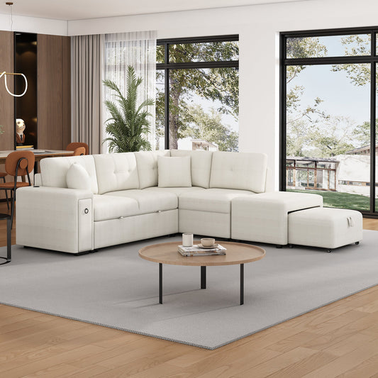 86.6" Sectional Sofa L-Shaped Sofa Couch Pull-Out Sofa Bed With a Movable Ottoman, Two USB Ports  and Two Cup Holders