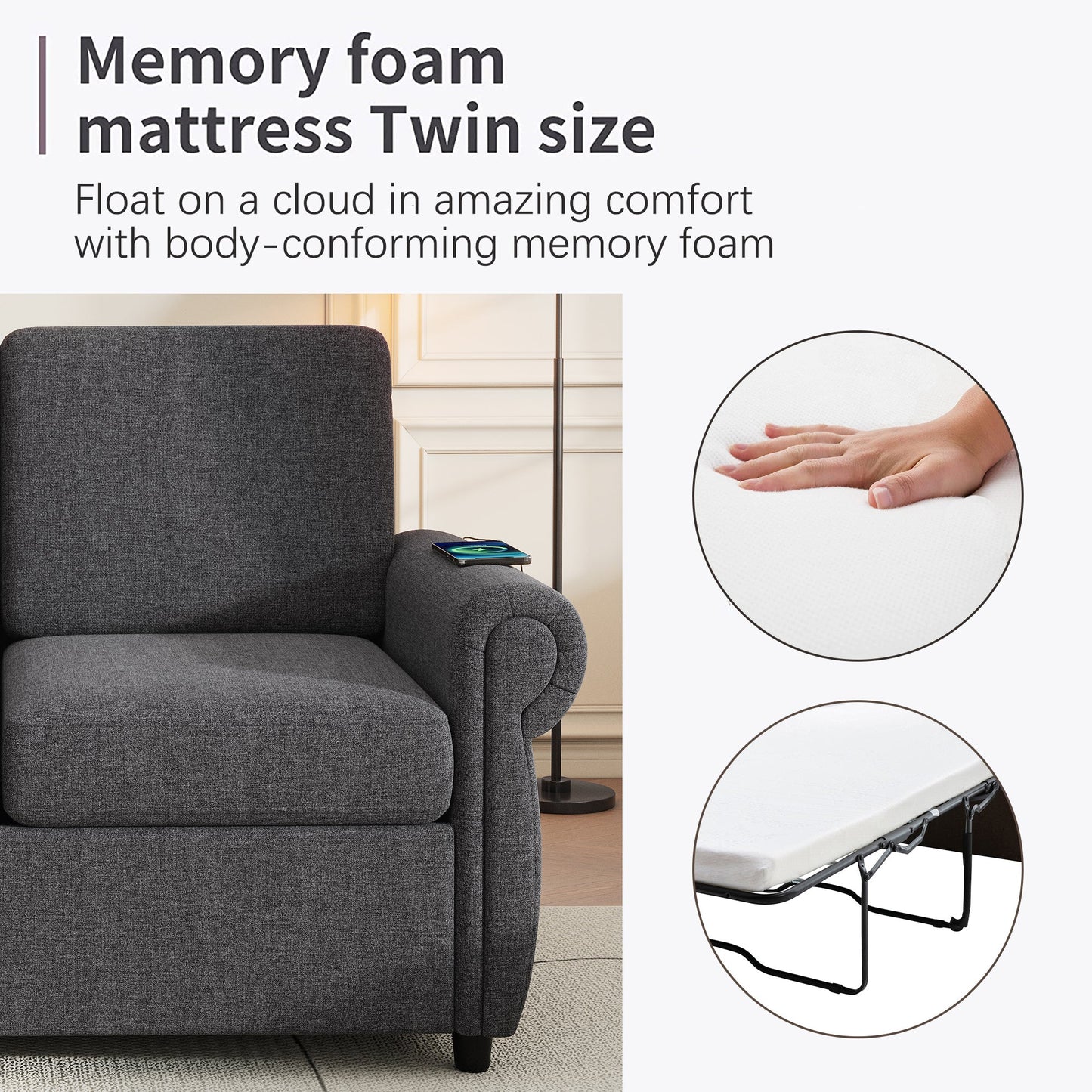 57.9" Pull Out Sofa Bed  Loveseat Sleeper With Twin Size Memory Mattress With Two USB Ports for Living Room Spaces