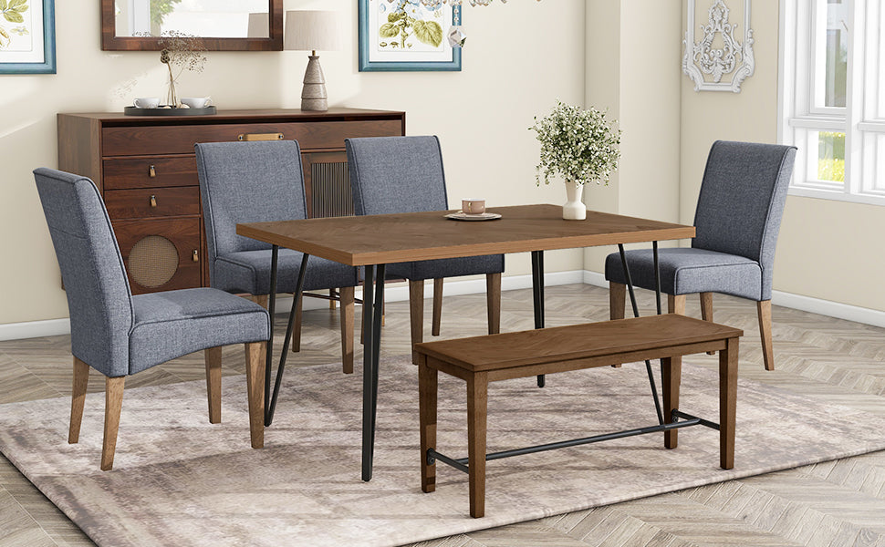 Modern 6-Piece Dining Table Set With V-Shape Metal Legs, Wood Kitchen Table Set With 4 Upholstered Chairs and Bench