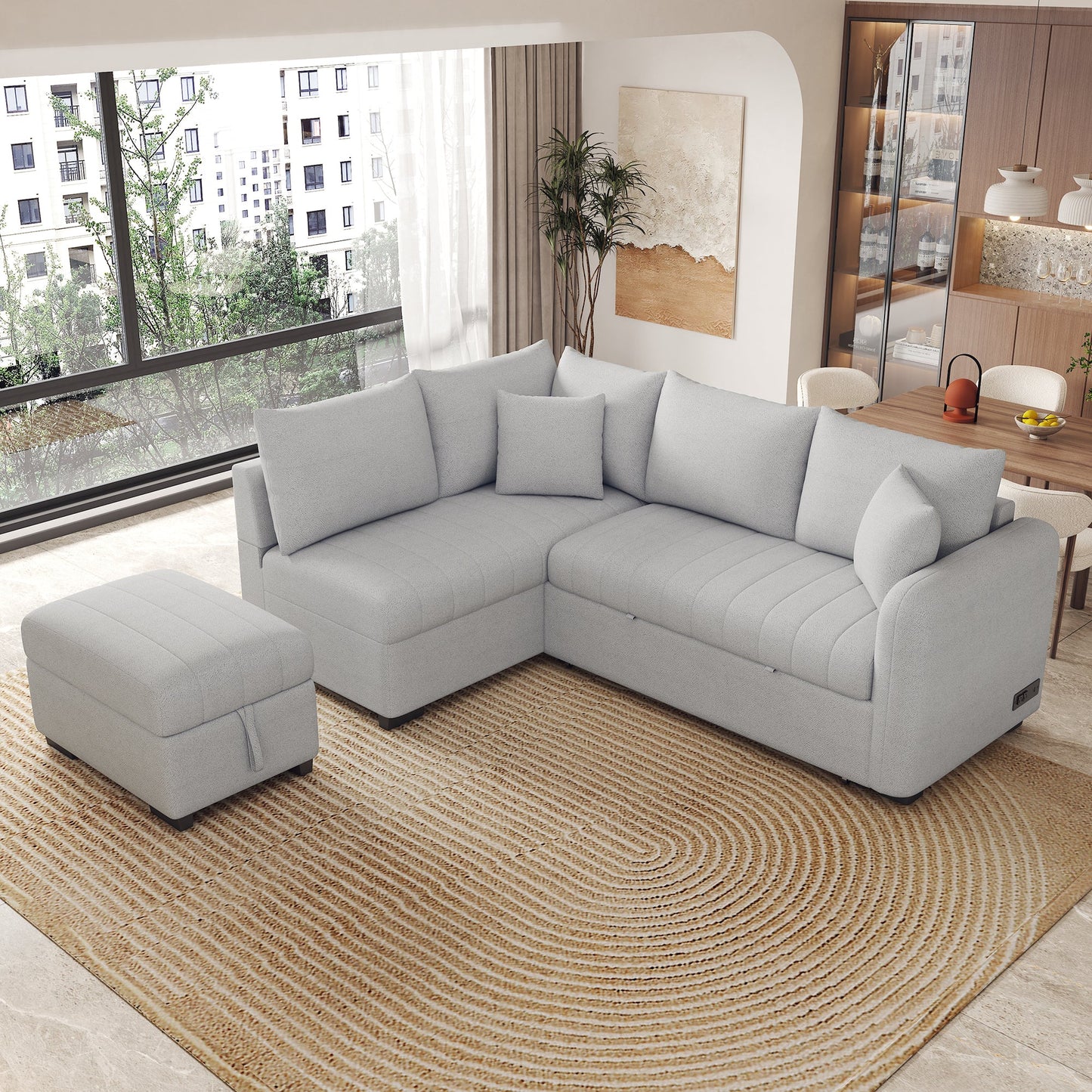82.6" L-Shaped Sectional Pull Out Sofa Bed Sleeper Sofa With Two USB Ports, Two Power Sockets