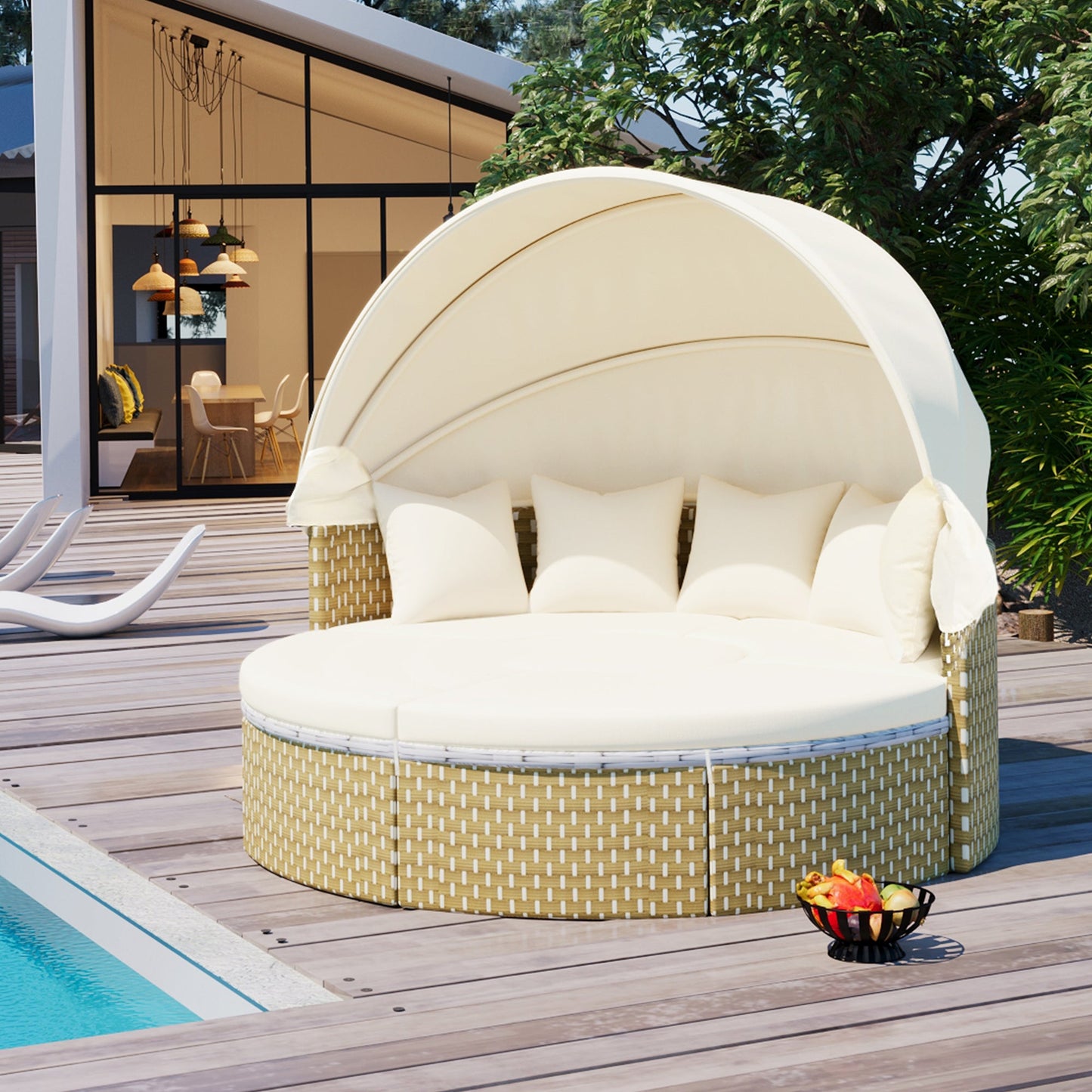 Patio Furniture Round Outdoor Sectional Sofa Set Rattan Daybed Two-Tone Weave Sunbed With Retractable Canopy