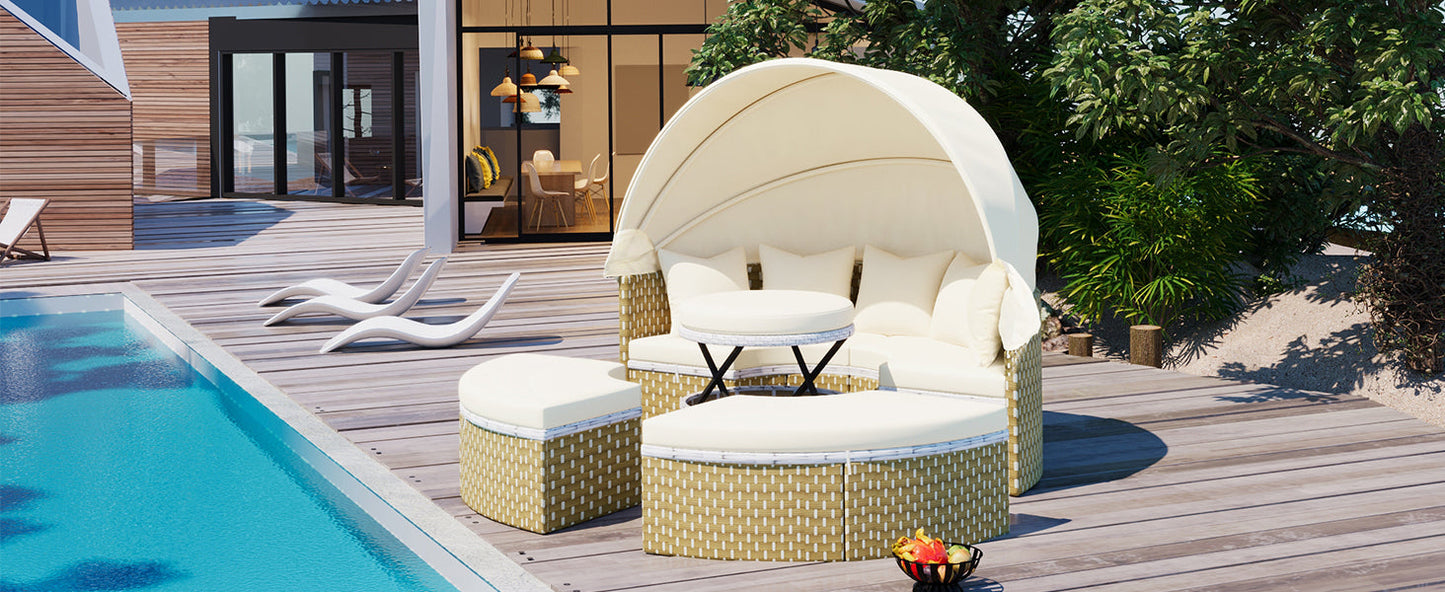 Patio Furniture Round Outdoor Sectional Sofa Set Rattan Daybed Two-Tone Weave Sunbed With Retractable Canopy