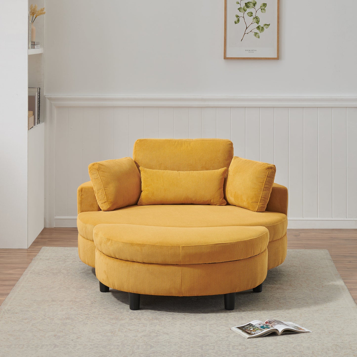 51-Inch Beige Corduroy Sofa With Two Throw Pillows and a Waist Pillow With an Extra Tray for Comfortable Seating