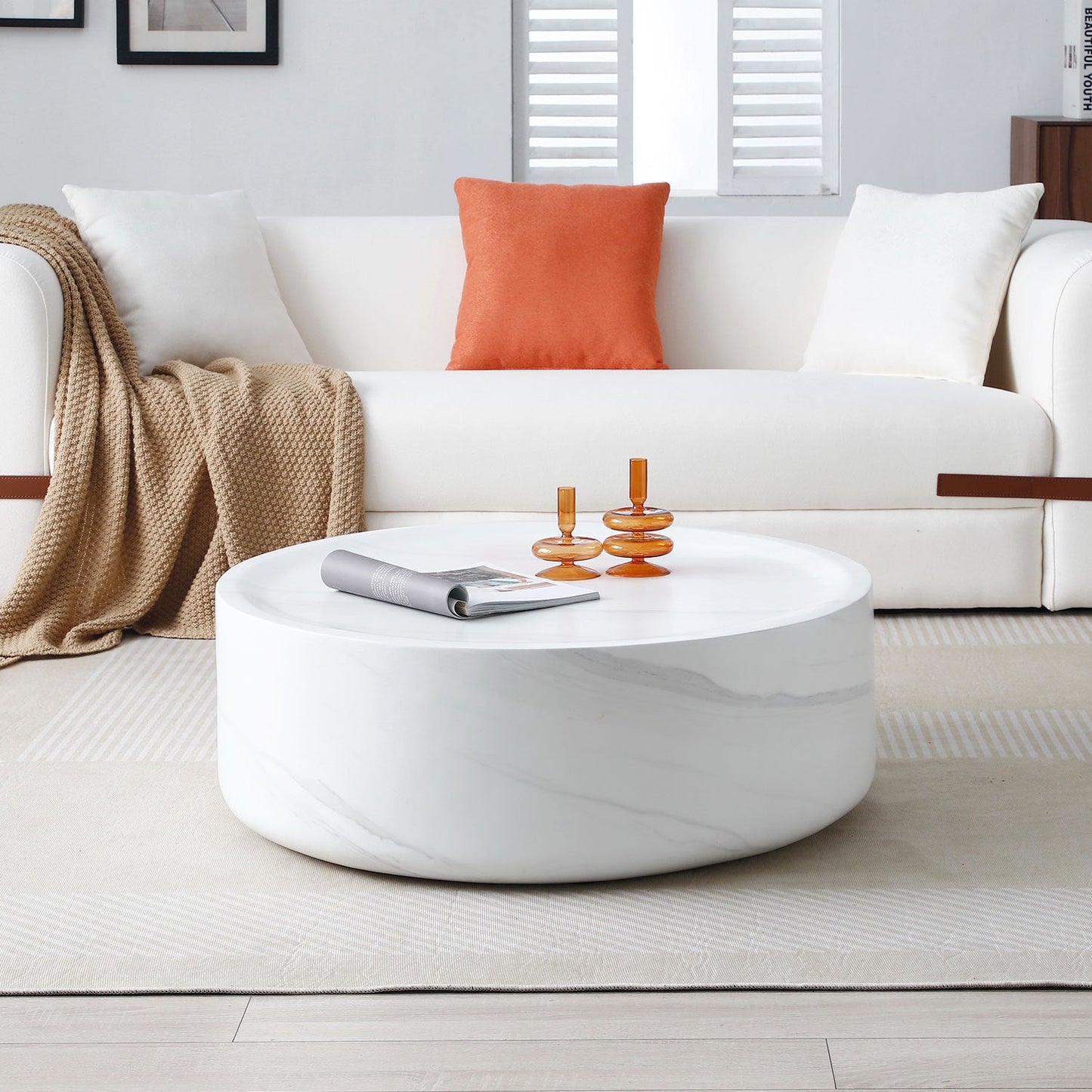 31.49'' Round Coffee Table,Sturdy Fiberglass Table for Living Room, White, No Need Assembly.WHITE