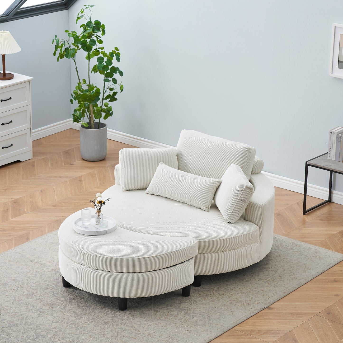 51-Inch Beige Corduroy Sofa With Two Throw Pillows and a Waist Pillow With an Extra Tray for Comfortable Seating