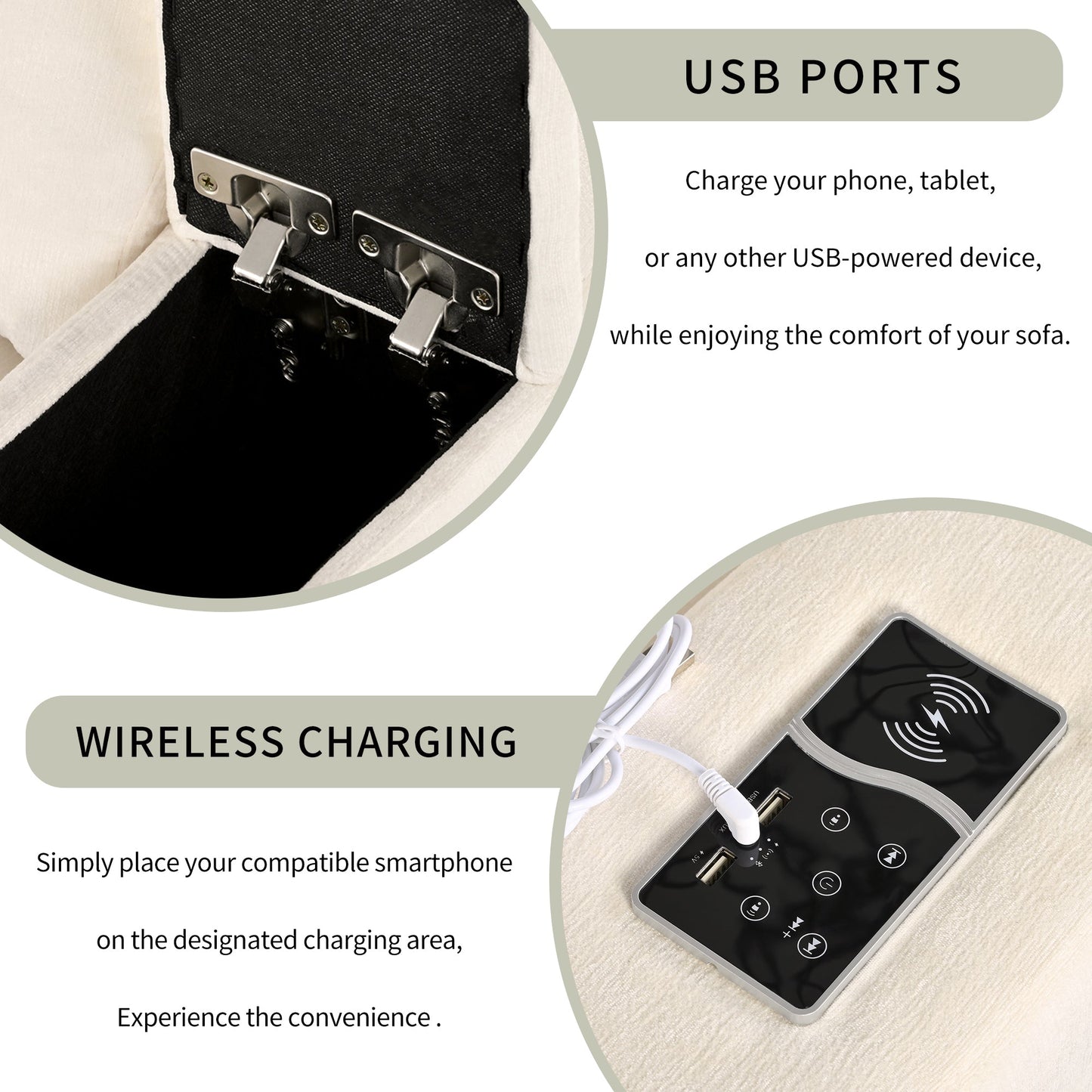 Upholstered Modular Sofa With  With Storage Space, USB Charge Ports,Wireless Charging and Built-In Bluetooth Speaker