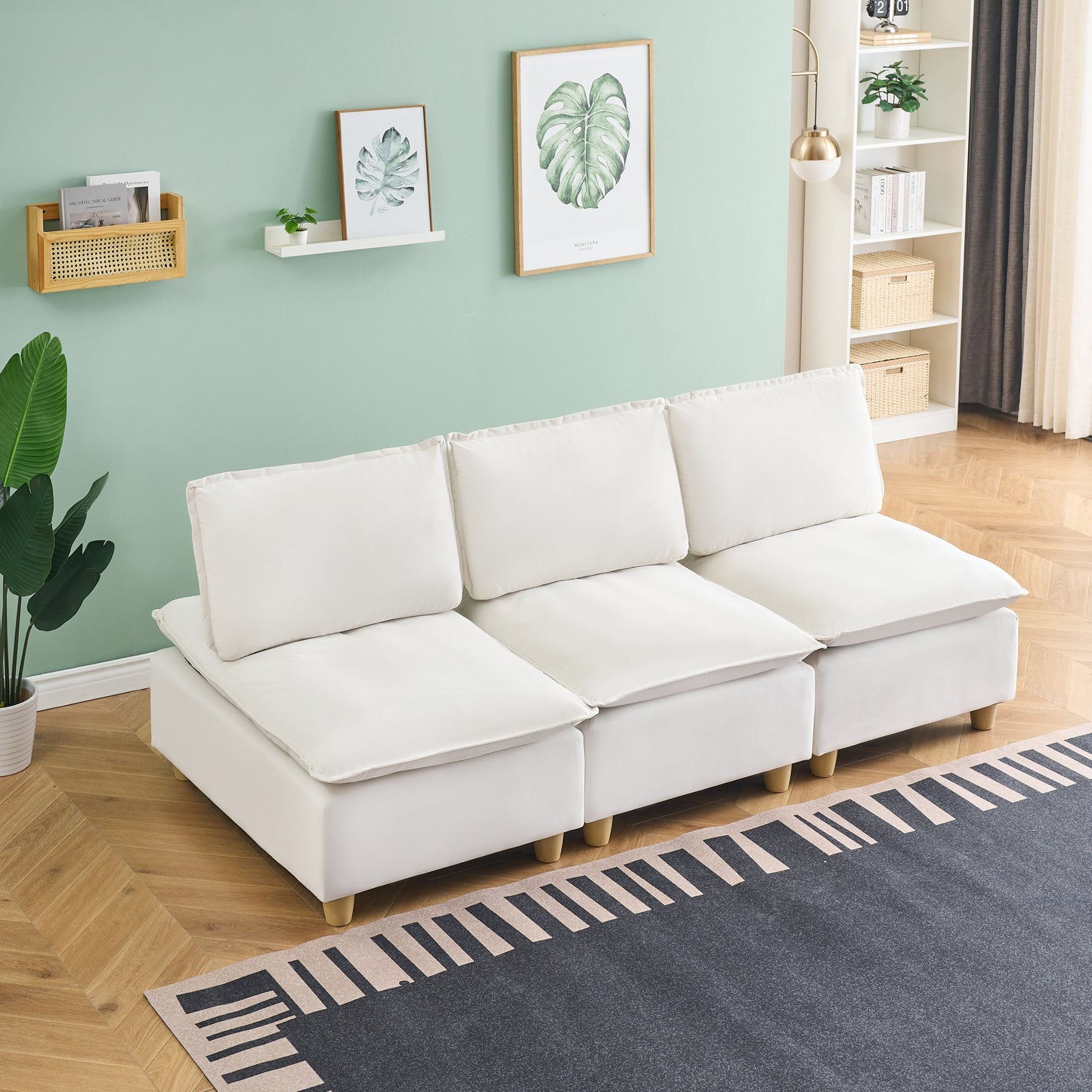 88-Inch Simple, Modern and Ultra-Comfortable Straight-Row Three-Seater Off-White Flannel Sofa Is Suitable for Living Room