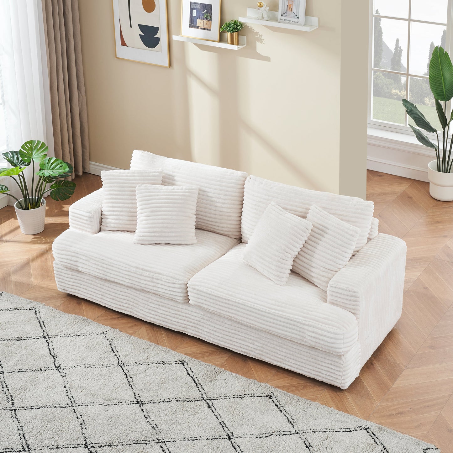 79.3 Inches Long, Corduroy Sofa, With 4 Matching Toss Pillows Sleek Design Spacious and Comfortable 3 Seater Couch