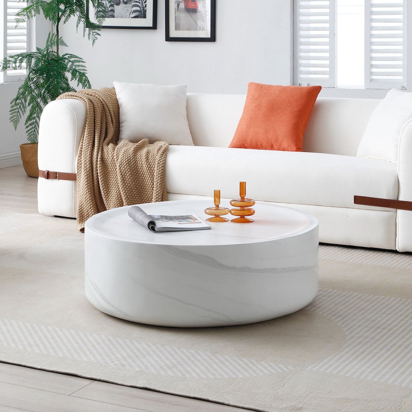 31.49'' Round Coffee Table,Sturdy Fiberglass Table for Living Room, White, No Need Assembly.WHITE