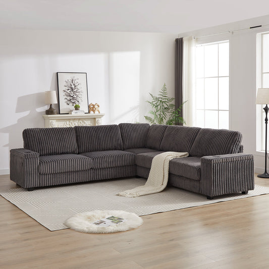110-Inch Oversized Corduroy Corner Sofa,L Shaped Corner Couch With Two Storage Spaces,USB Port & T-Pyce Port and Cup-Holder